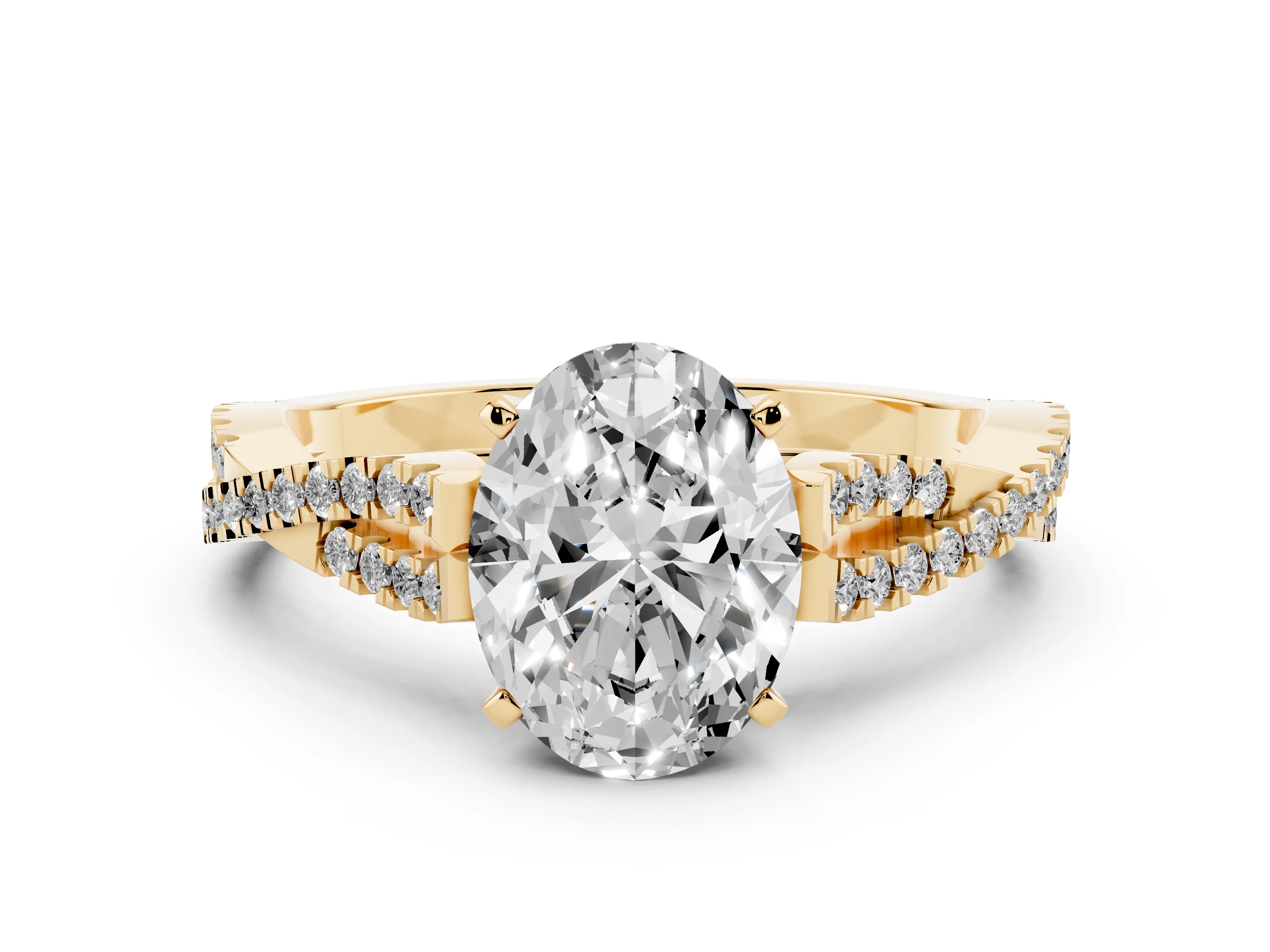 Oval Cut Diamond Solitaire Engagement Ring Set in Yellow gold with Twisted Pavé Band and Prong Setting