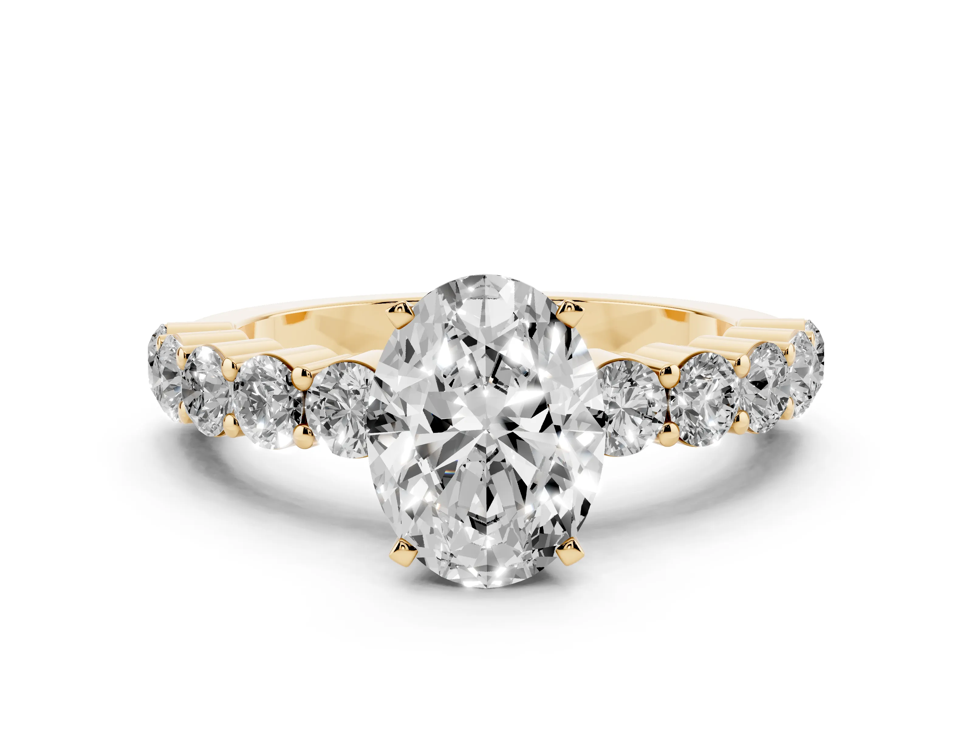Oval Cut Diamond Solitaire Ring Set in Yellow gold with Shared Prong Round Side Stones
