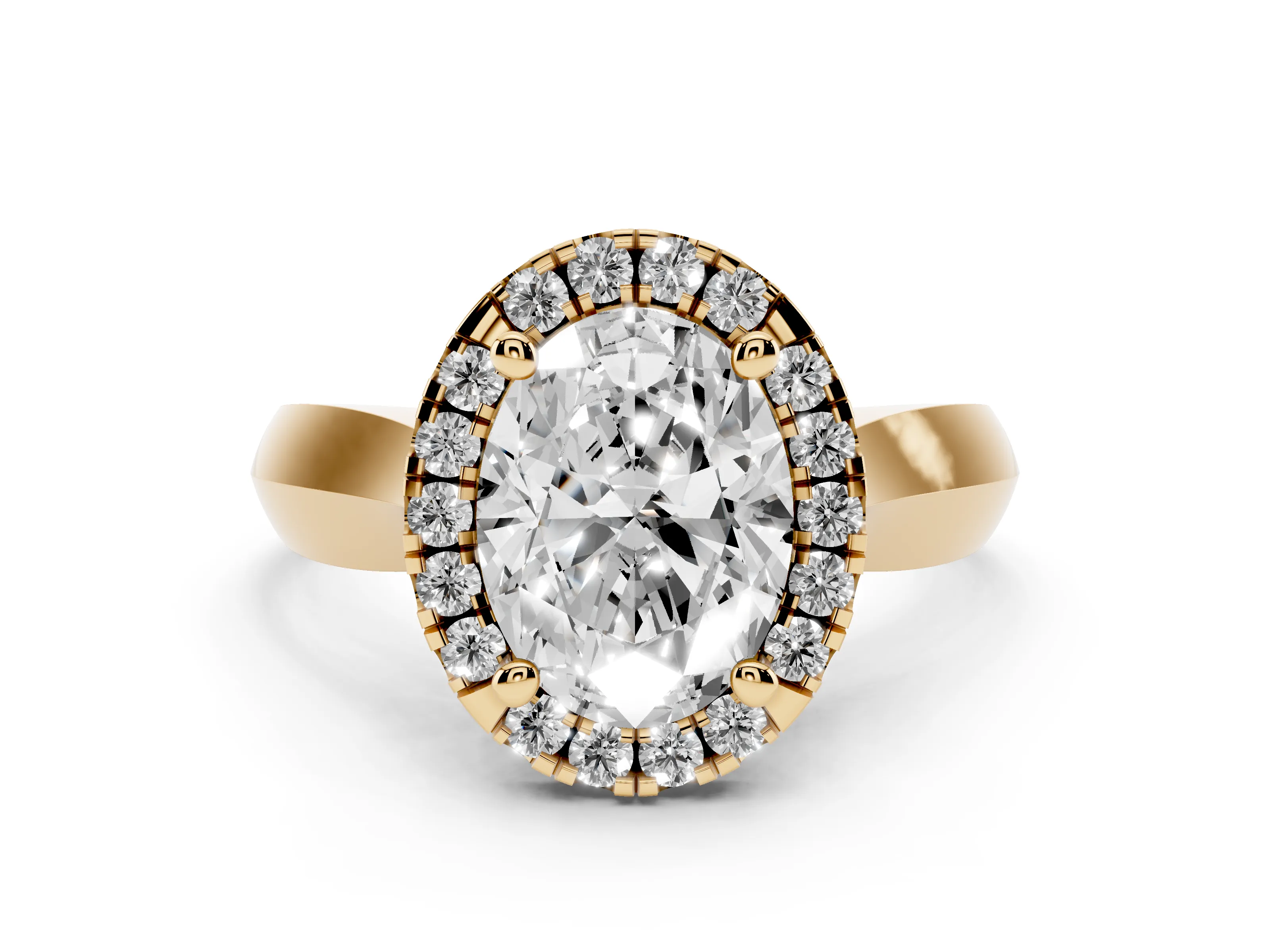 Oval Cut Diamond Halo Solitaire Engagement Ring Set in Yellow gold with Square Band and Prong Setting