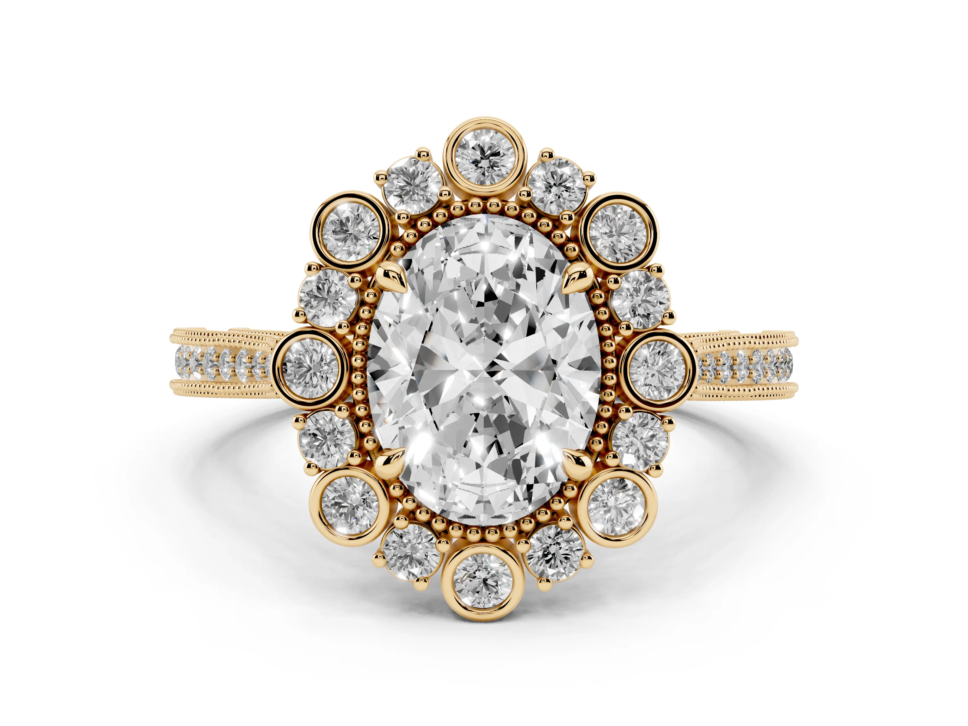 Oval Cut Diamond Halo Milgrain Pavé Ring Set in Yellow gold with Prong Setting