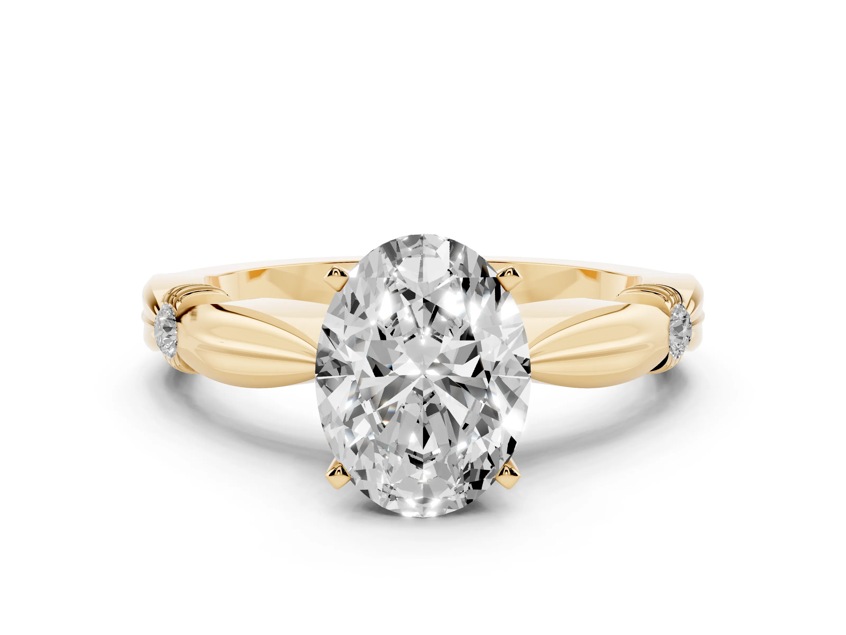 Oval Cut Diamond Solitaire Twisted Band Ring Set in Yellow gold with Accent Stones and Prong Setting