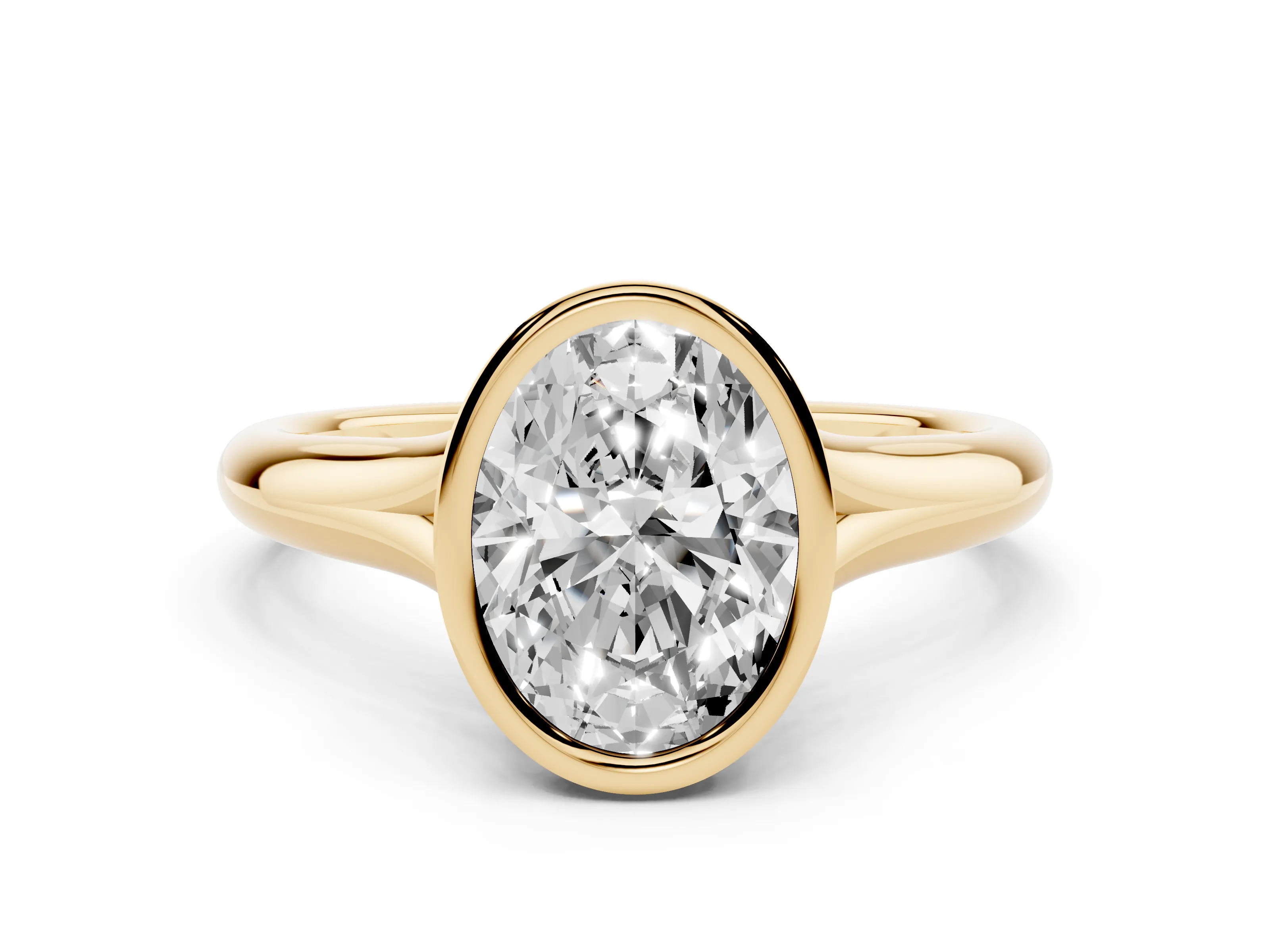 Bezel Set Oval Cut Diamond Solitaire Ring Set in Yellow gold with Smooth Band