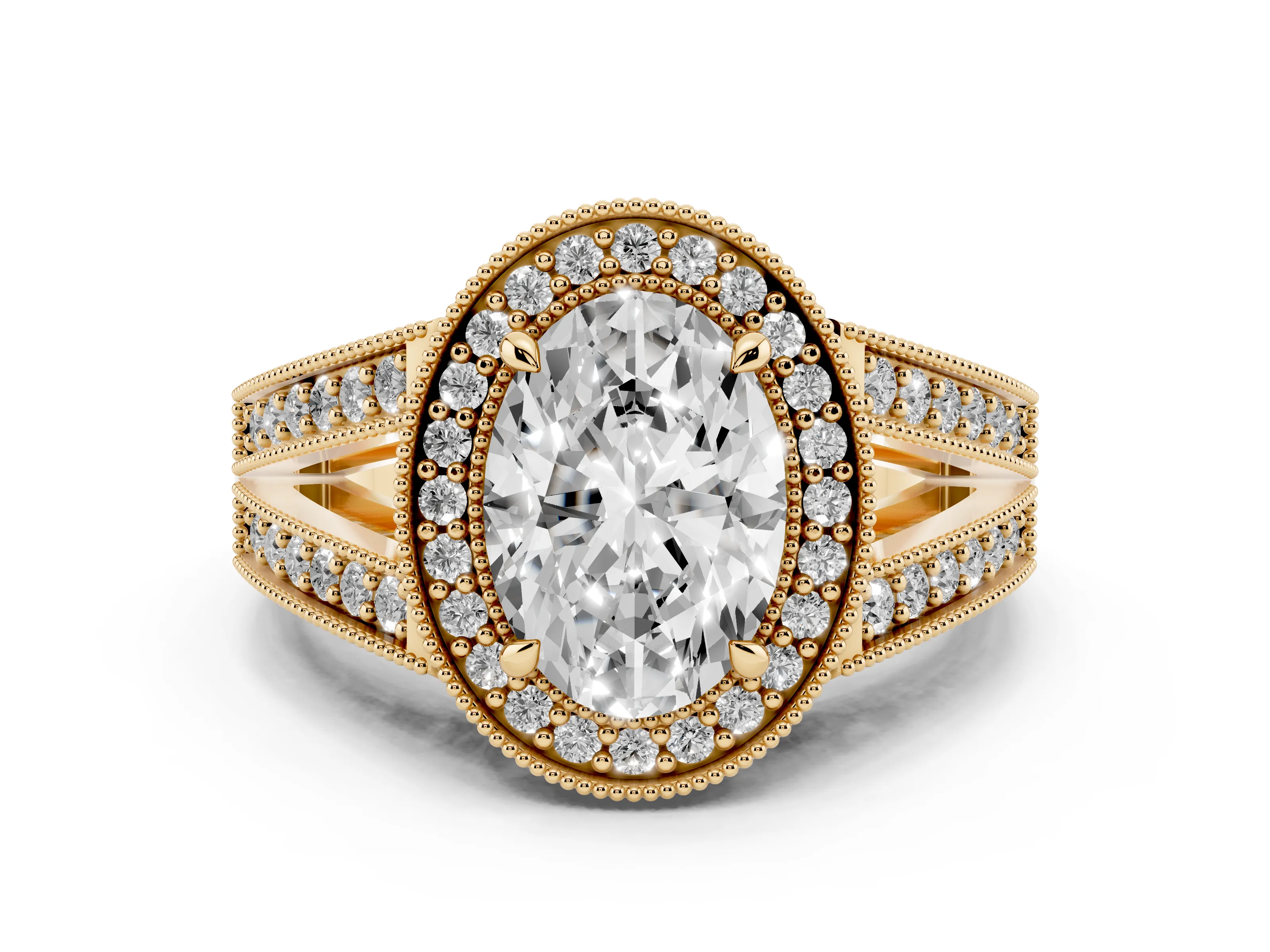 Oval Cut Diamond Halo Ring Set in Yellow gold with Stone-Set Split Shank and Milgrain Edges