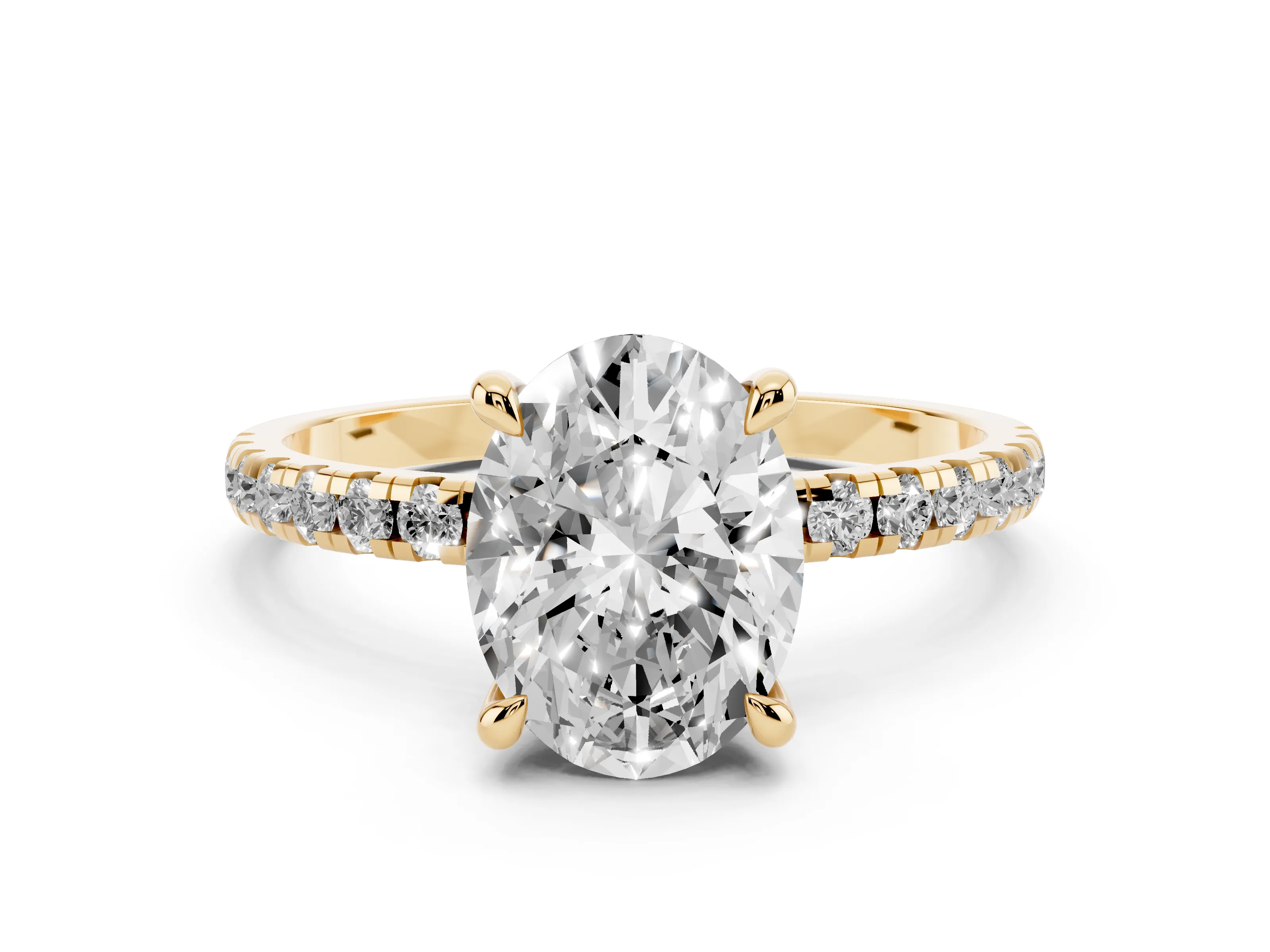Oval Cut Diamond Brilliant Solitaire Ring Set in Yellow gold with Pavé Band and Prong Setting