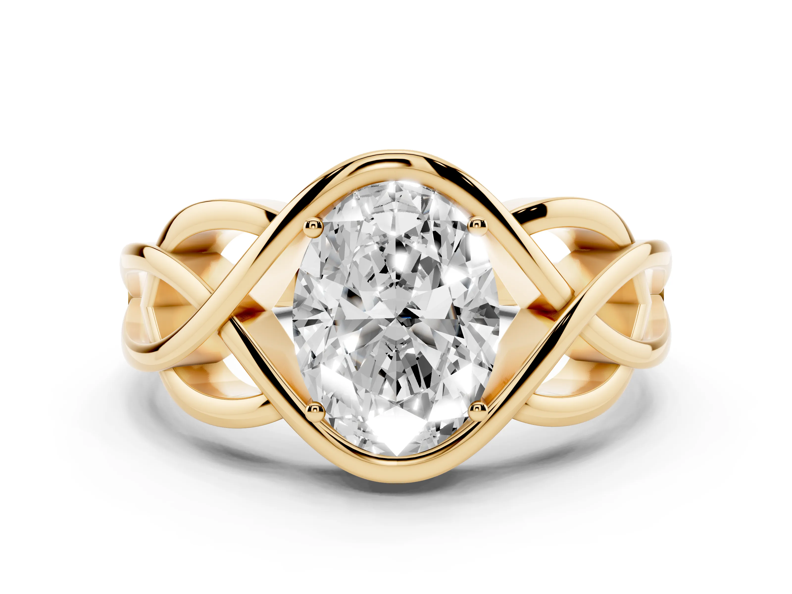 Oval Cut Diamond Solitaire Ring Set in Yellow gold with Intertwined Band