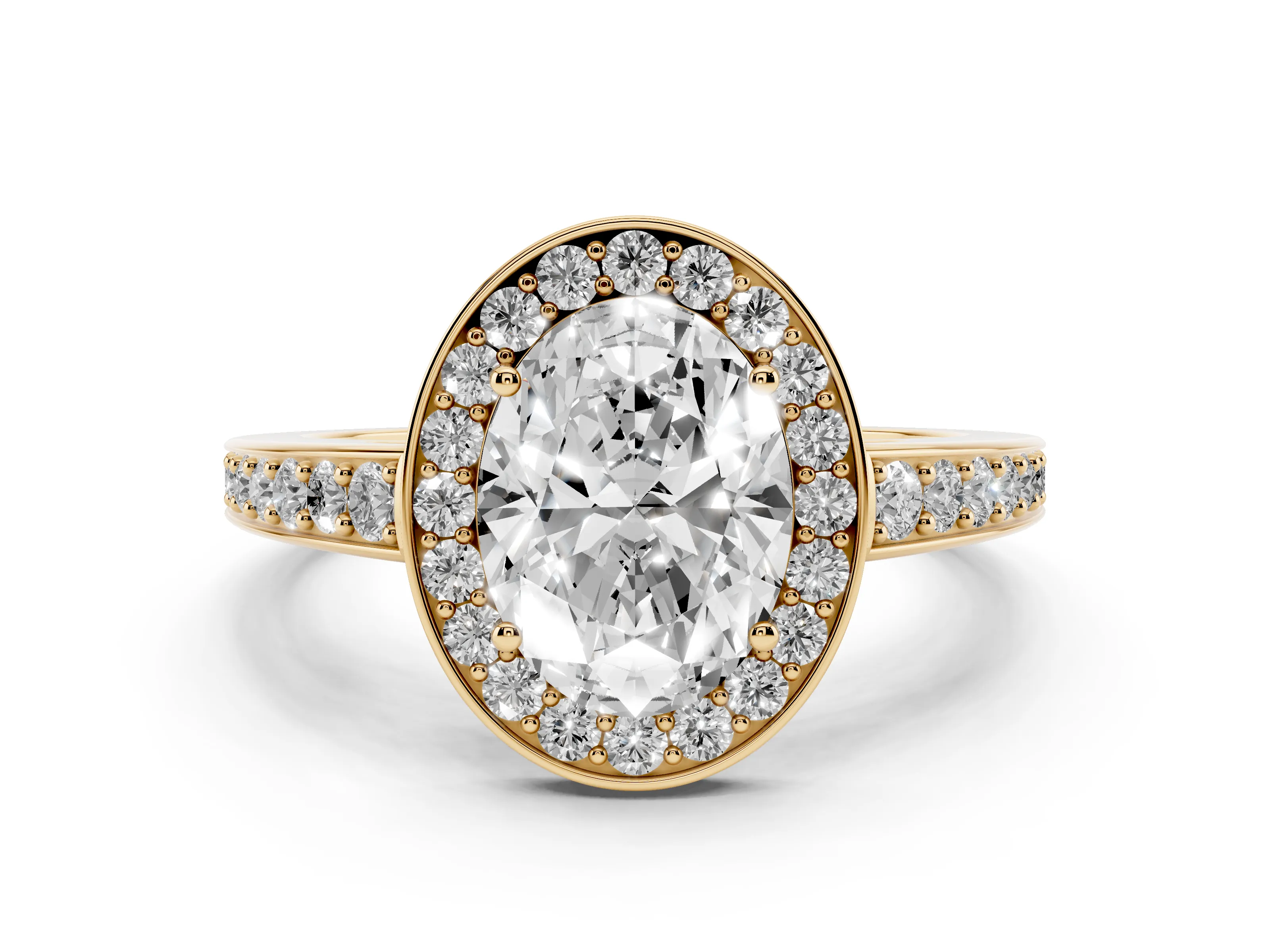 Oval Cut Diamond Halo Pavé Engagement Ring Set in Yellow gold with Bezel Setting