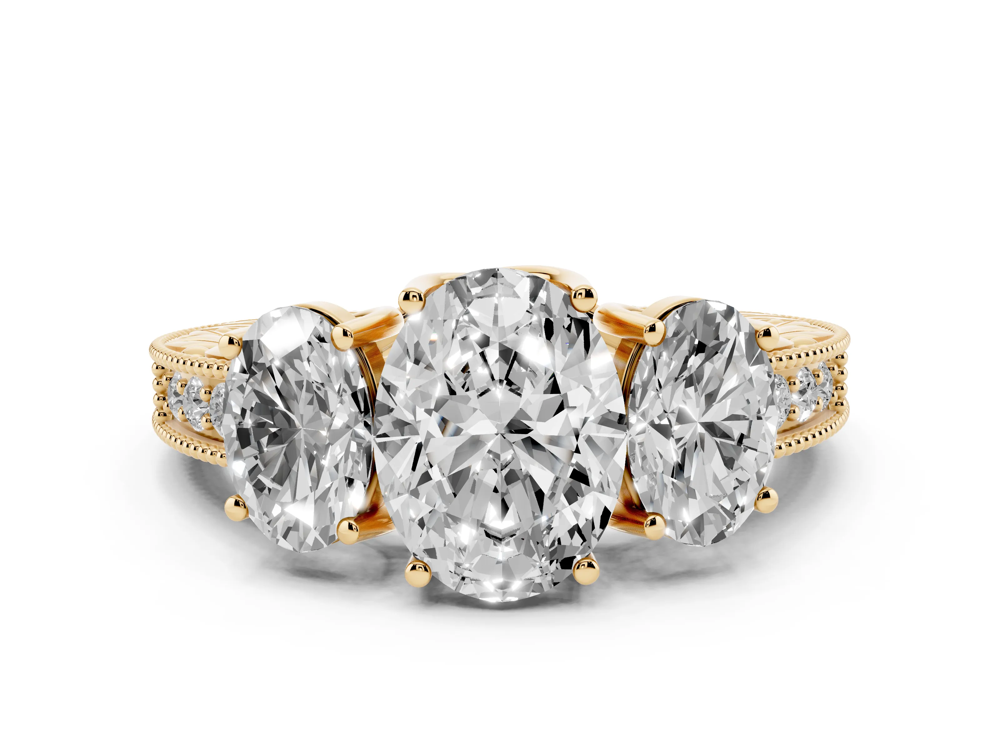 Oval Cut Diamond Three-Stone Engagement Ring Set in Yellow gold with Milgrain Pavé Band