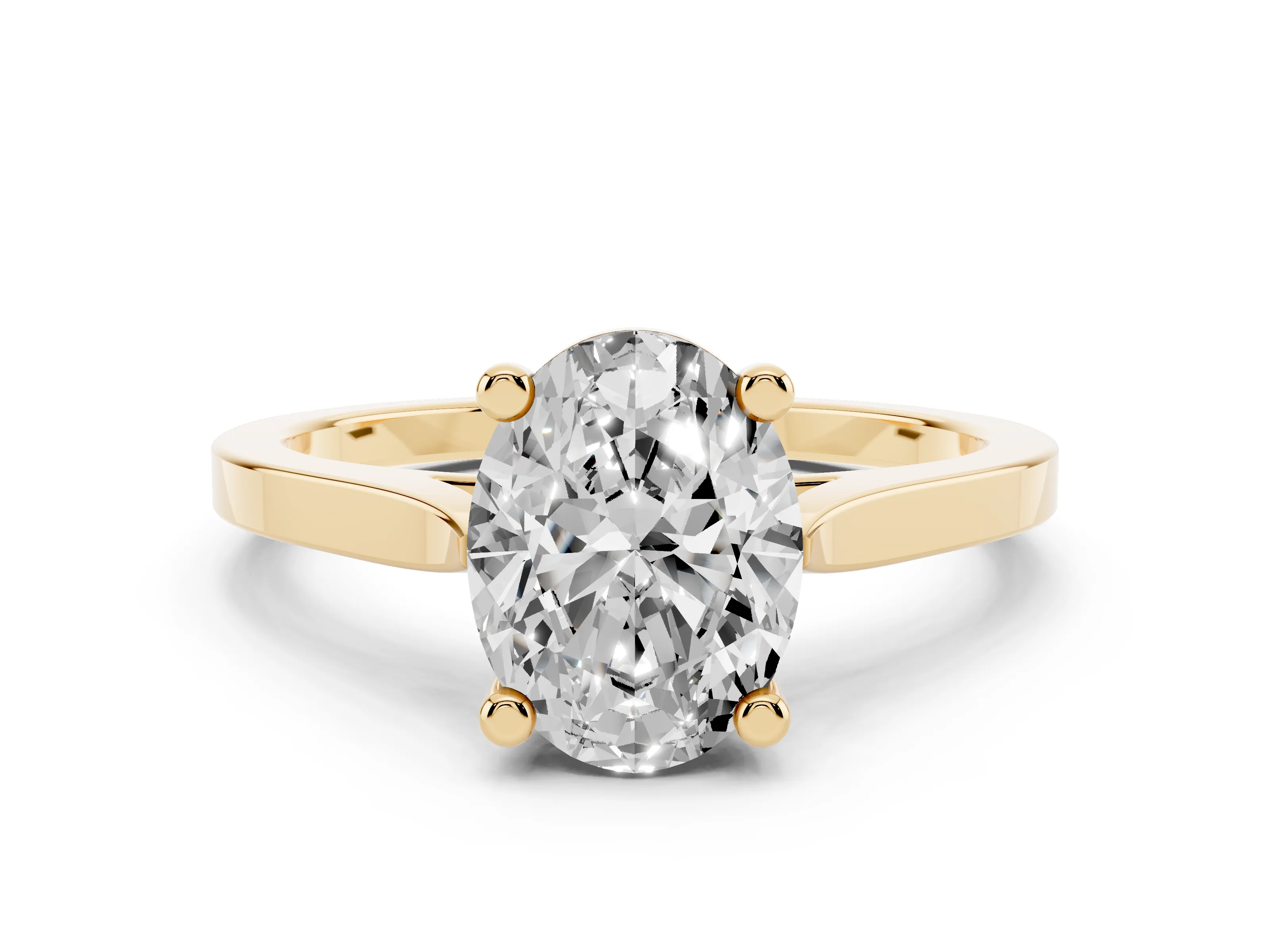 Oval Cut Diamond Solitaire Ring Set in Yellow gold with Prong Setting and Tapered Band