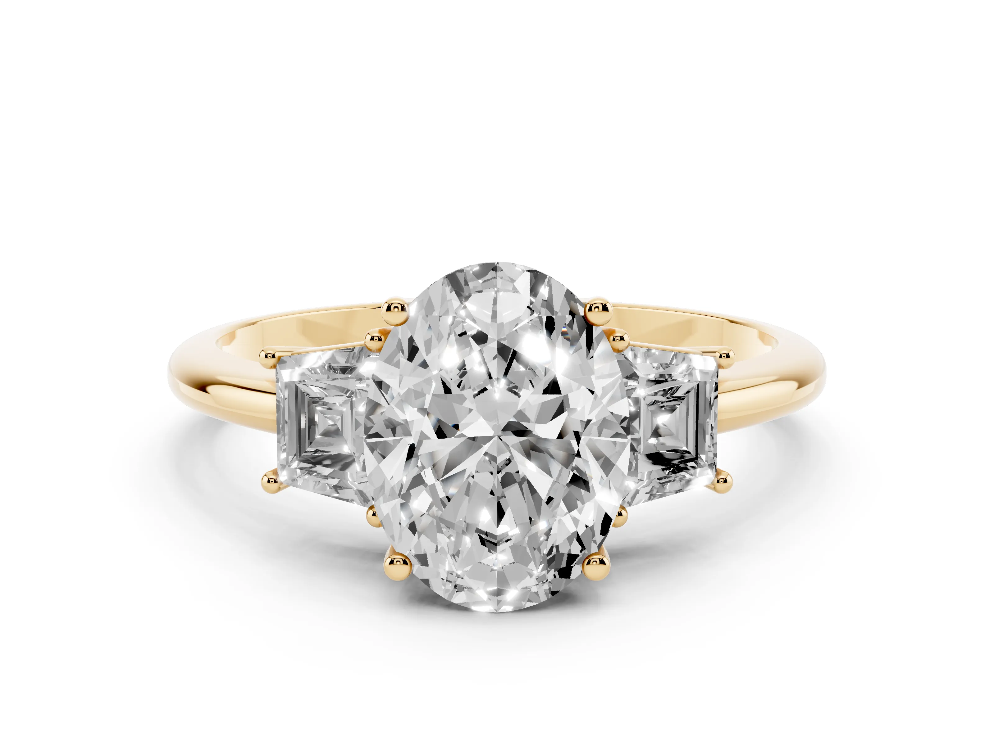 Oval Cut Diamond Three-Stone Ring Set in Yellow gold with Trapezoid Side Stones and Prong Setting