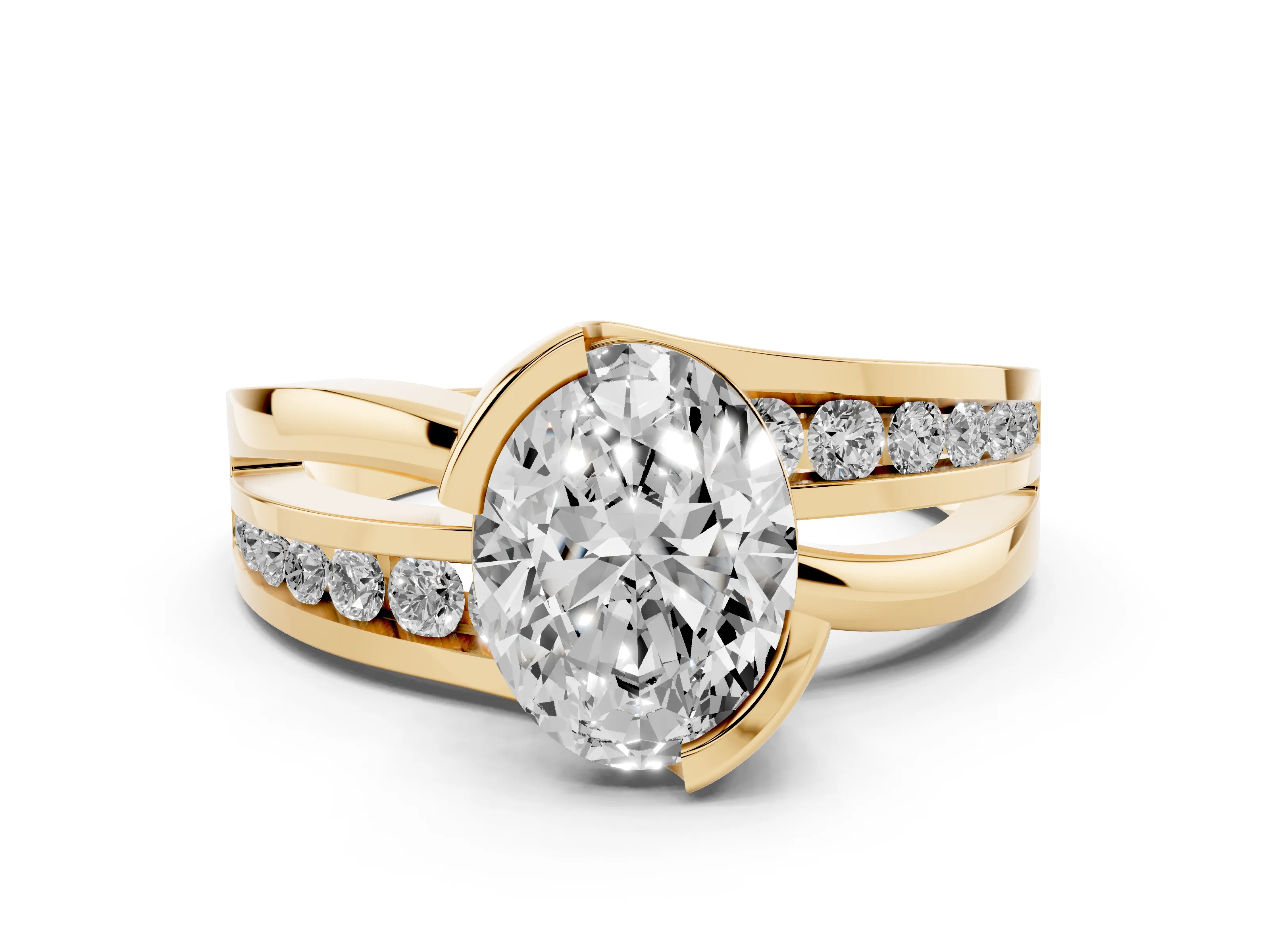Oval Cut Diamond Solitaire Ring Set in Yellow gold with Channel Set Split Shank and Tension Prongs