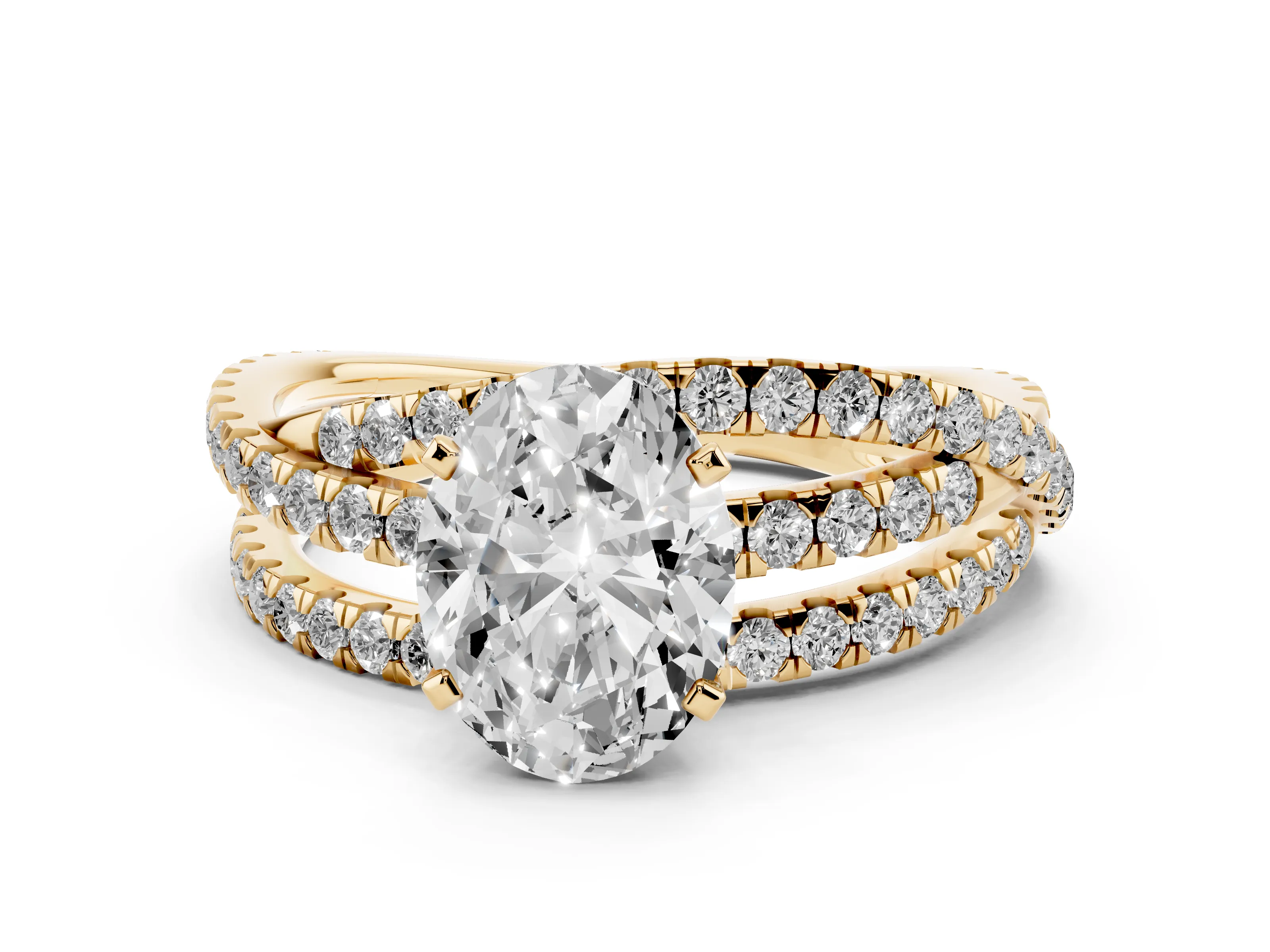 Oval Cut Diamond Solitaire Twist Band Ring Set in Yellow gold with Pavé Setting and Prong Head