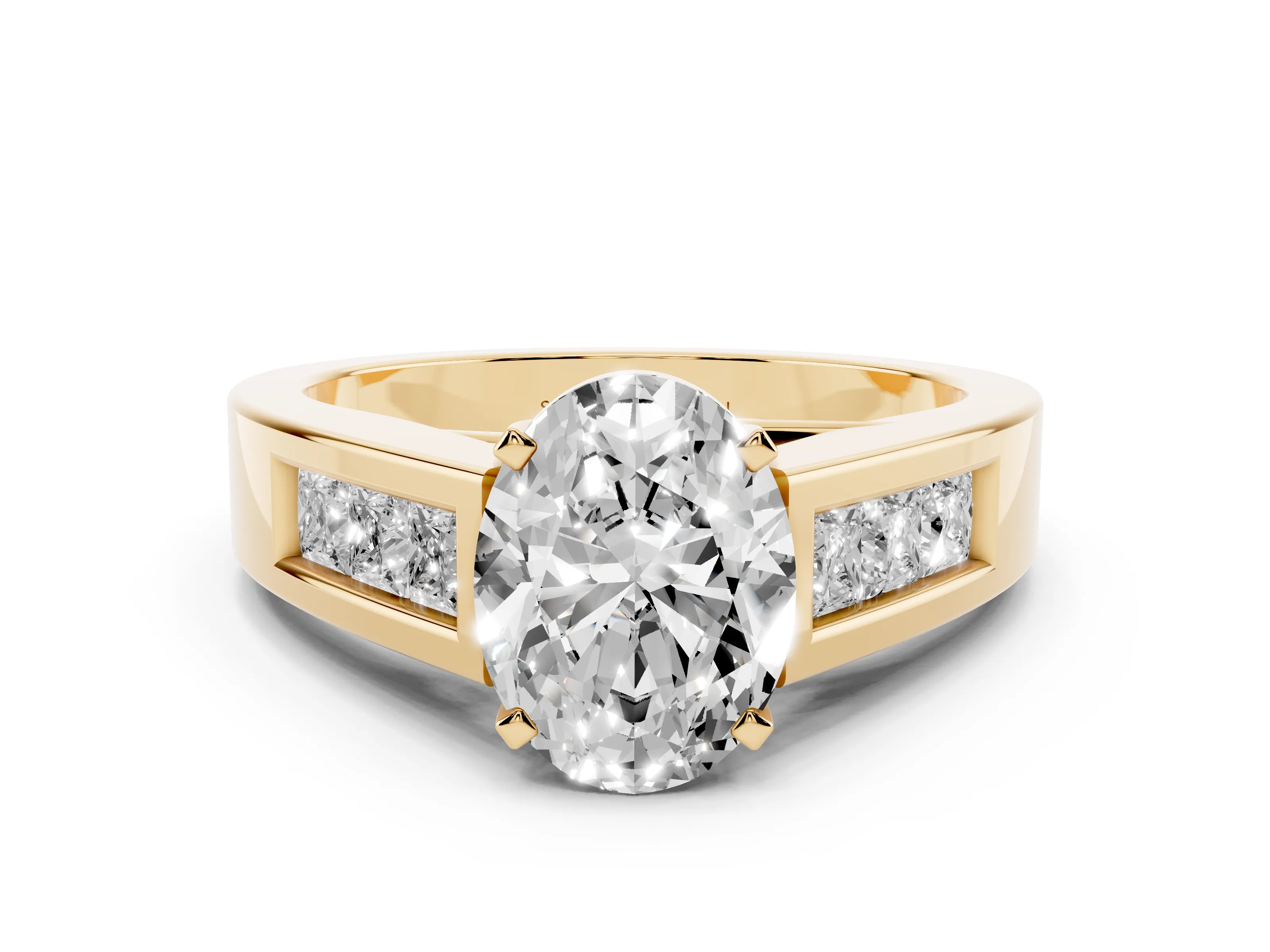 Oval Cut Diamond Solitaire Ring Set in Yellow gold with Channel-Set Accent Stones and Prong Setting