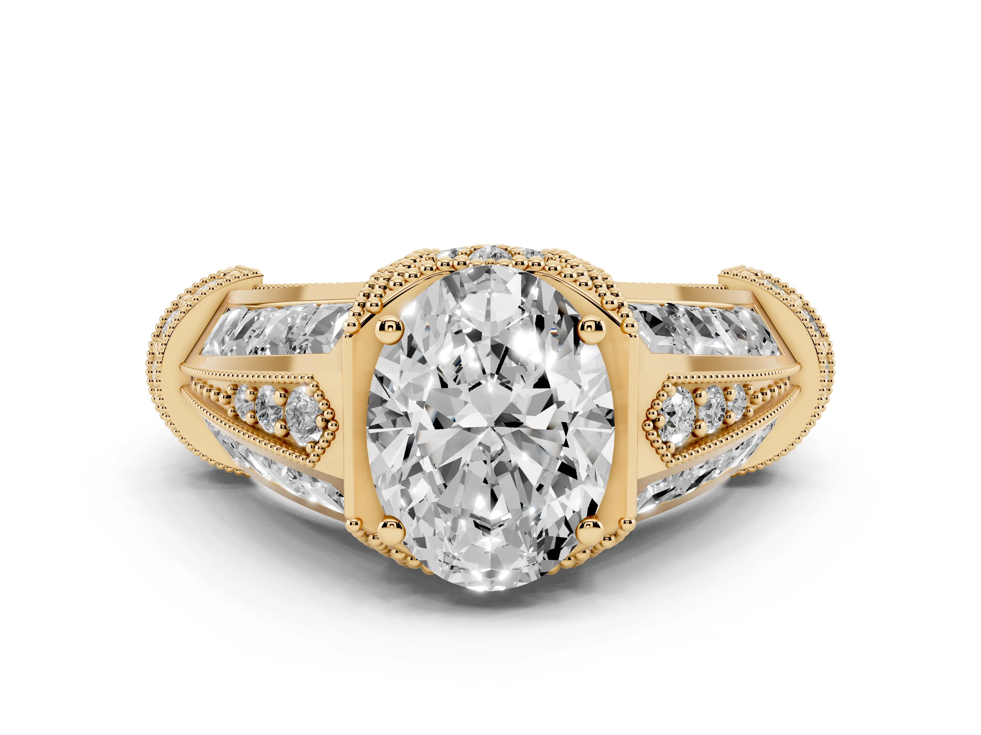 Oval Cut Diamond Vintage-Inspired Milgrain Ring Set in Yellow gold with Accent Split Shank