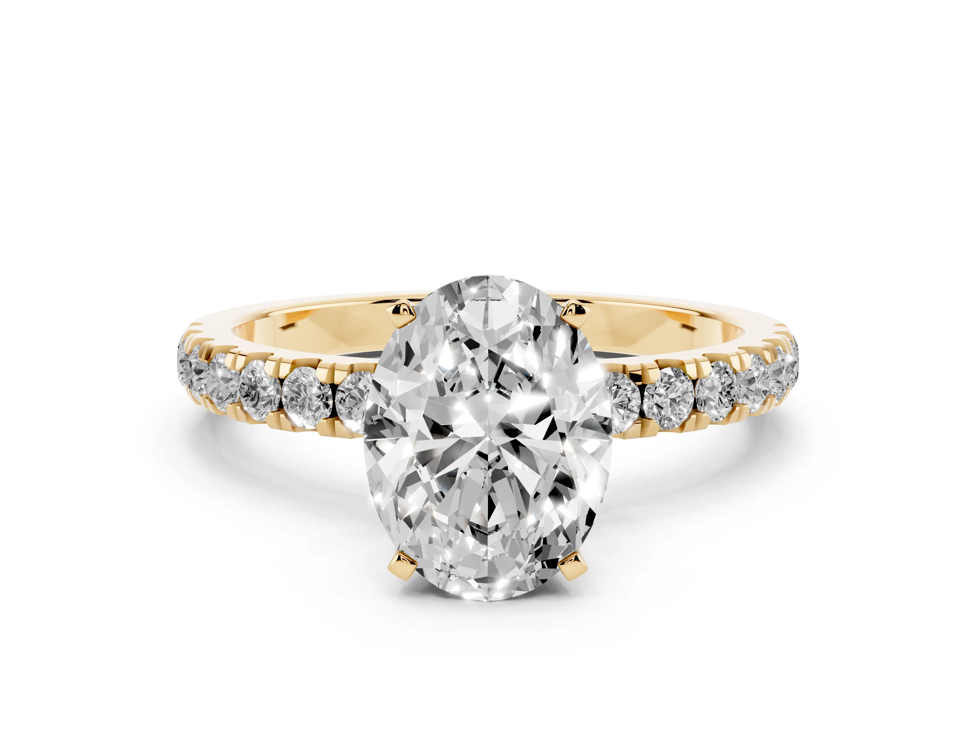 Oval Cut Diamond Solitaire Ring Set in Yellow gold with Pavé Accents and Prong Setting