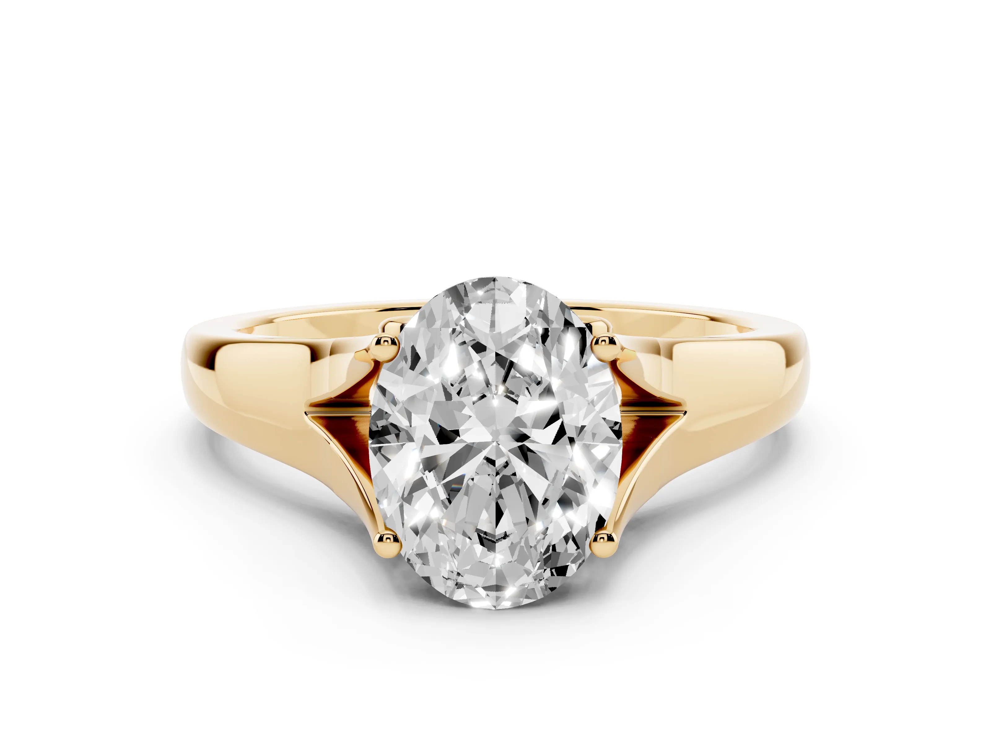 Oval Cut Diamond Solitaire Ring Set in Yellow gold with Arched Cathedral Band and Prong Setting