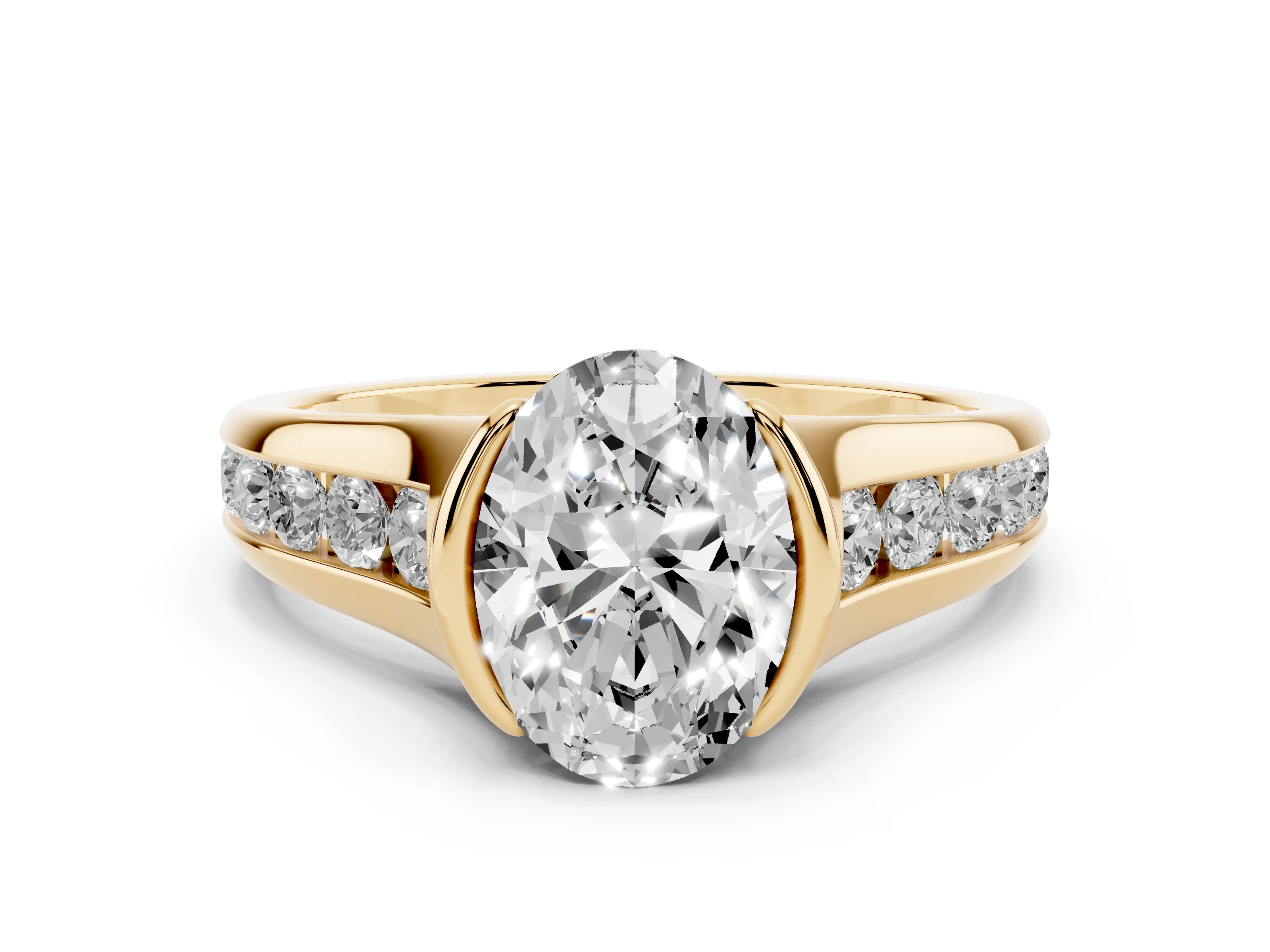 Oval Cut Diamond Bezel-Set Solitaire Ring Set in Yellow gold with Channel-Set Band