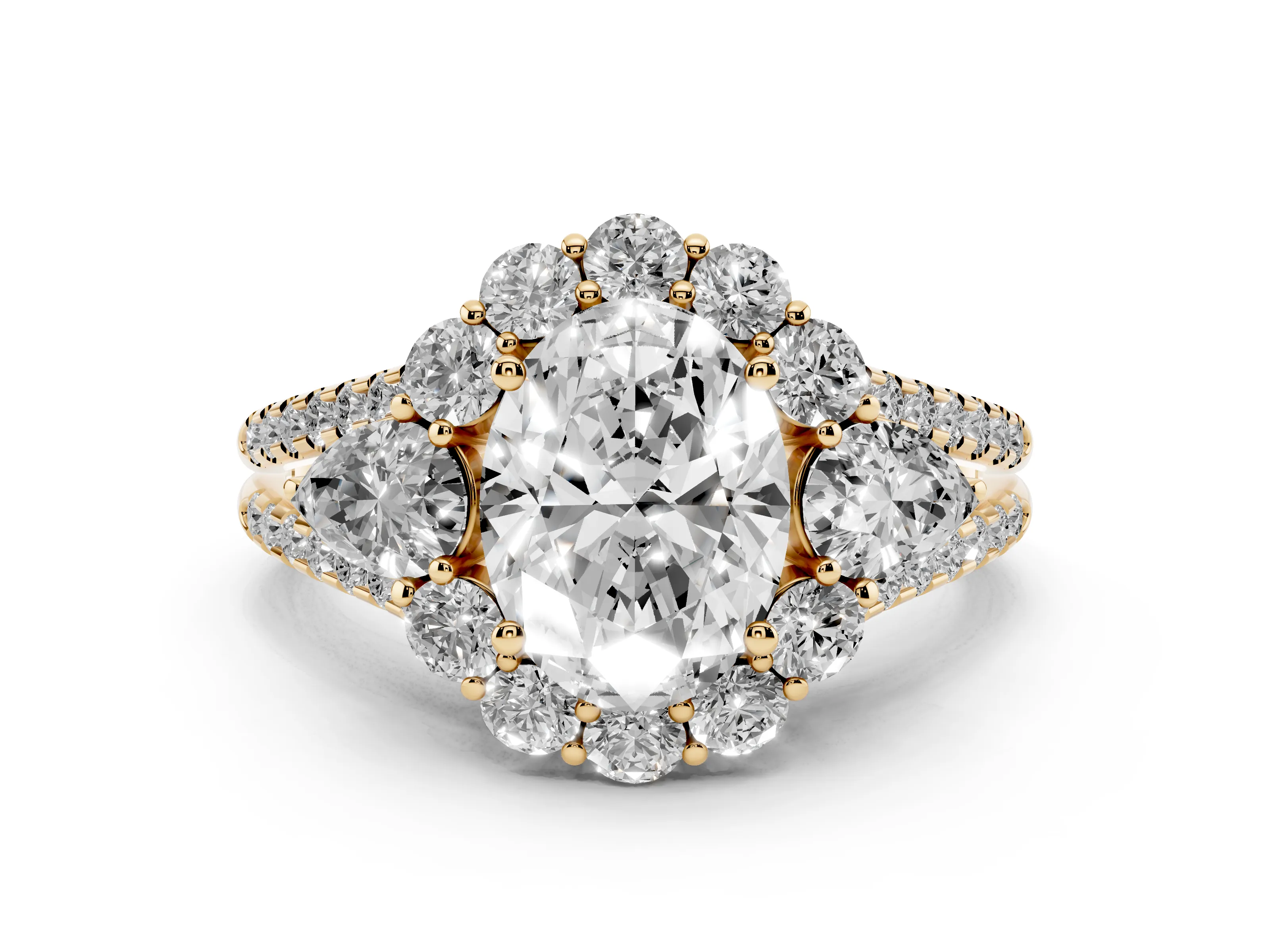 Oval Cut Diamond Halo Split Shank Engagement Ring Set in Yellow gold with Prong-Held Center Stone