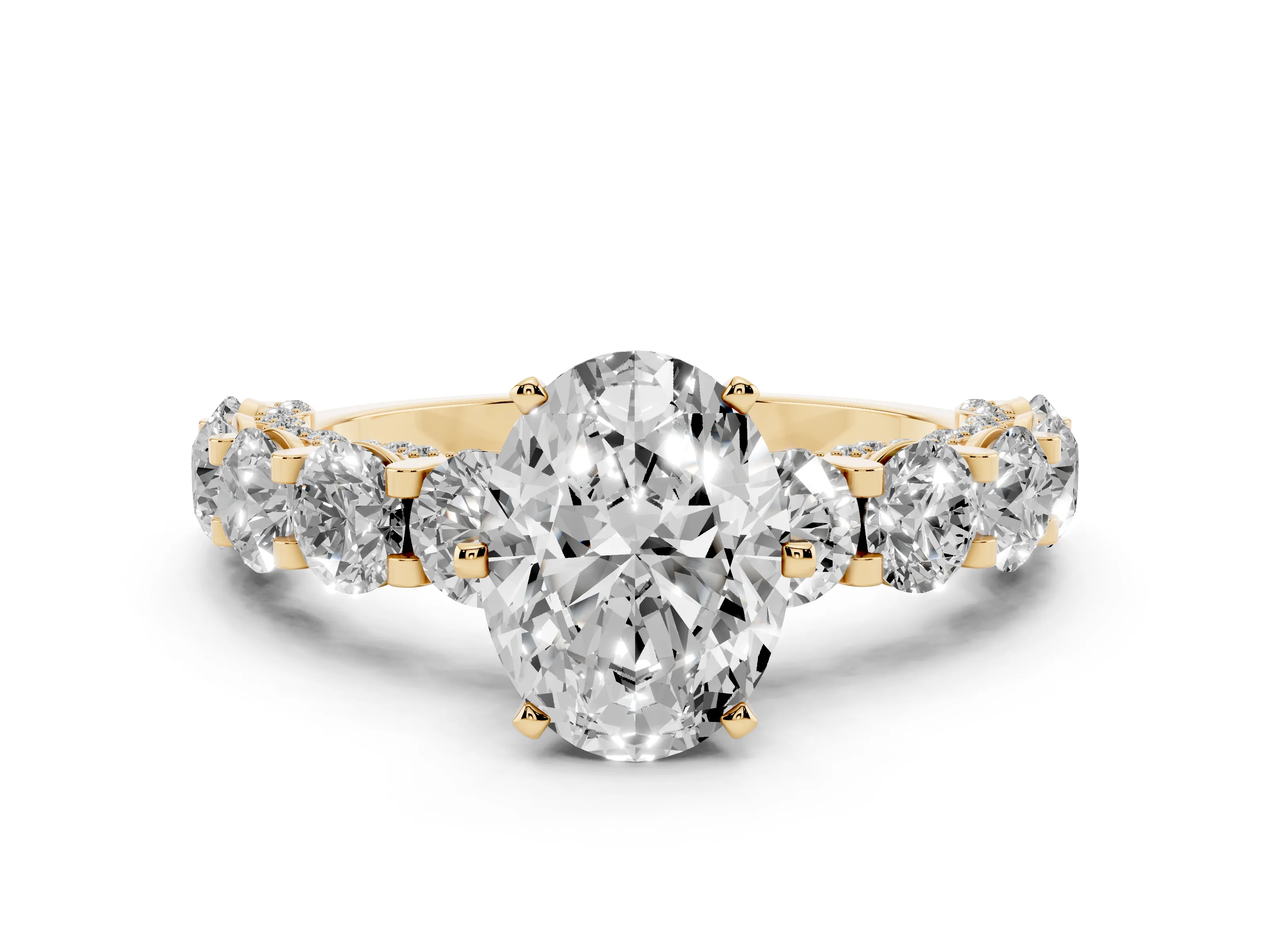 Oval Cut Diamond Side Stone Ring Set in Yellow gold with Alternating Round and Oval Side Stones