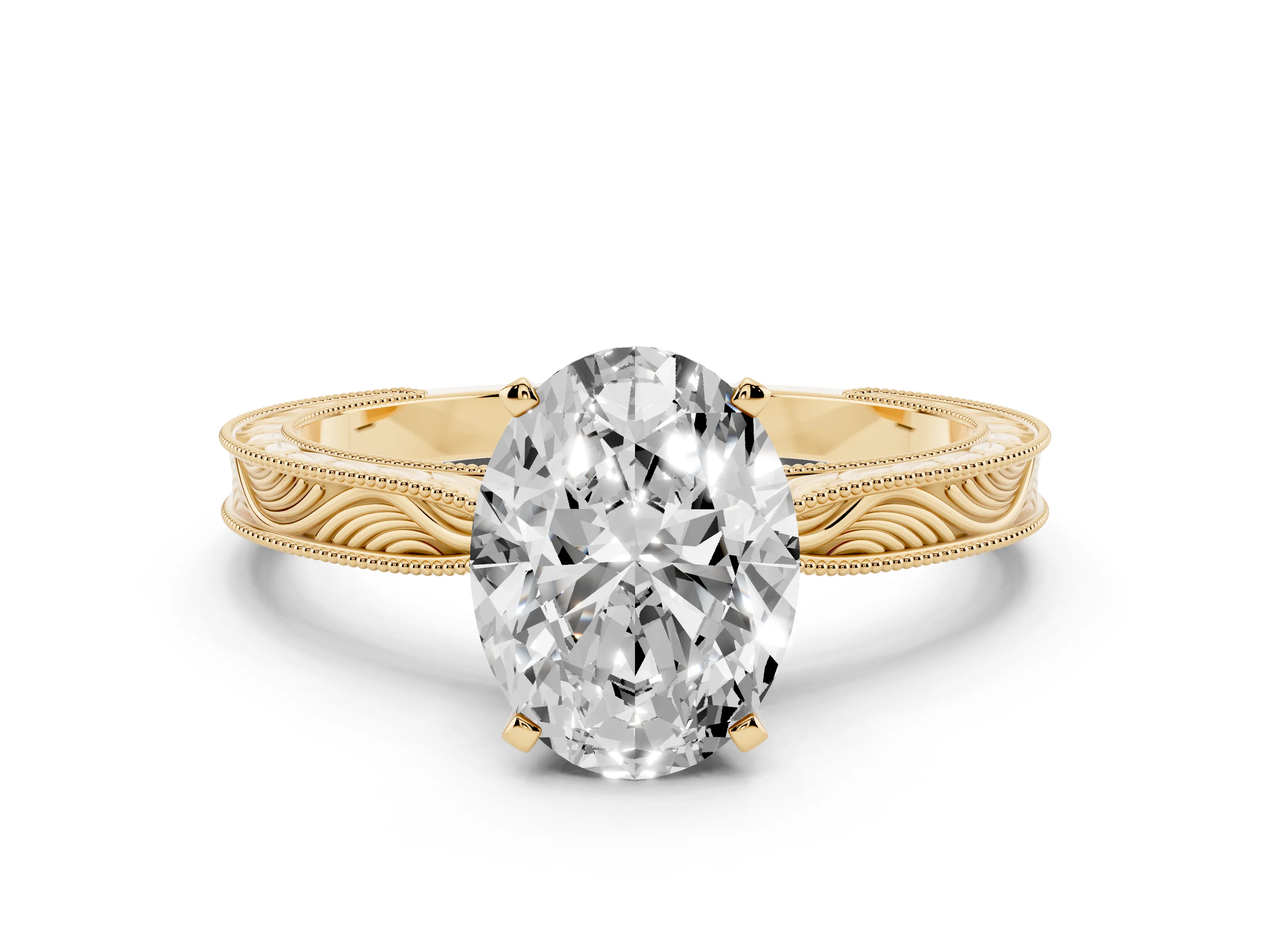 Oval Cut Diamond Solitaire Milgrain Engraved Band Set in Yellow gold with Prong Setting