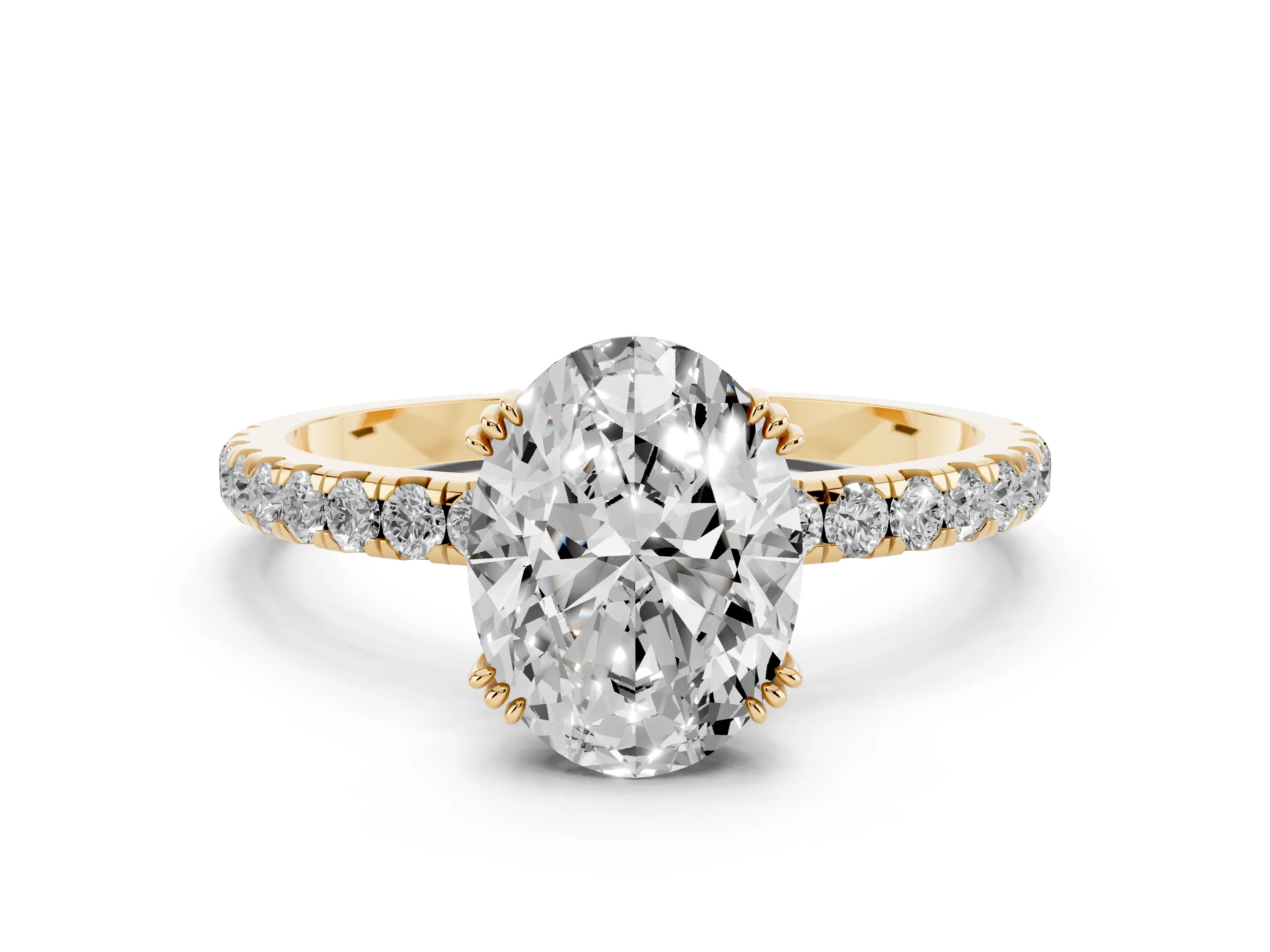 Oval Cut Diamond Brilliant Solitaire Set in Yellow gold with Pavé Band and Claw Prong Setting