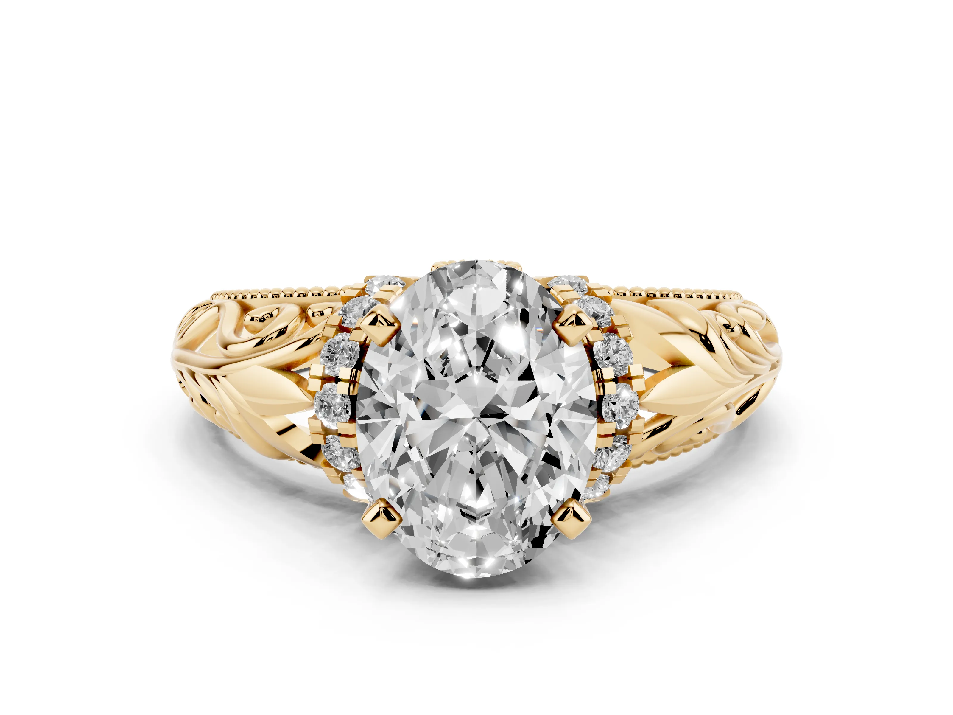 Oval Cut Diamond Filigree Halo Engagement Ring Set in Yellow gold with Prong Setting