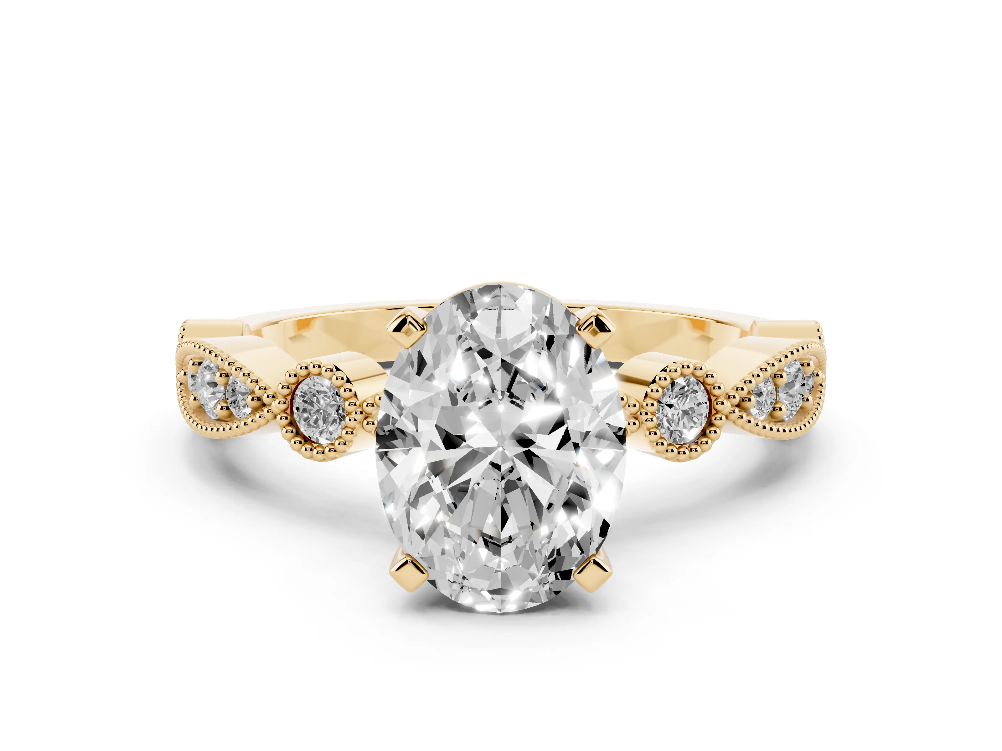 Oval Cut Diamond Solitaire Engagement Ring Set in Yellow gold with Milgrain Bezel Accent Band