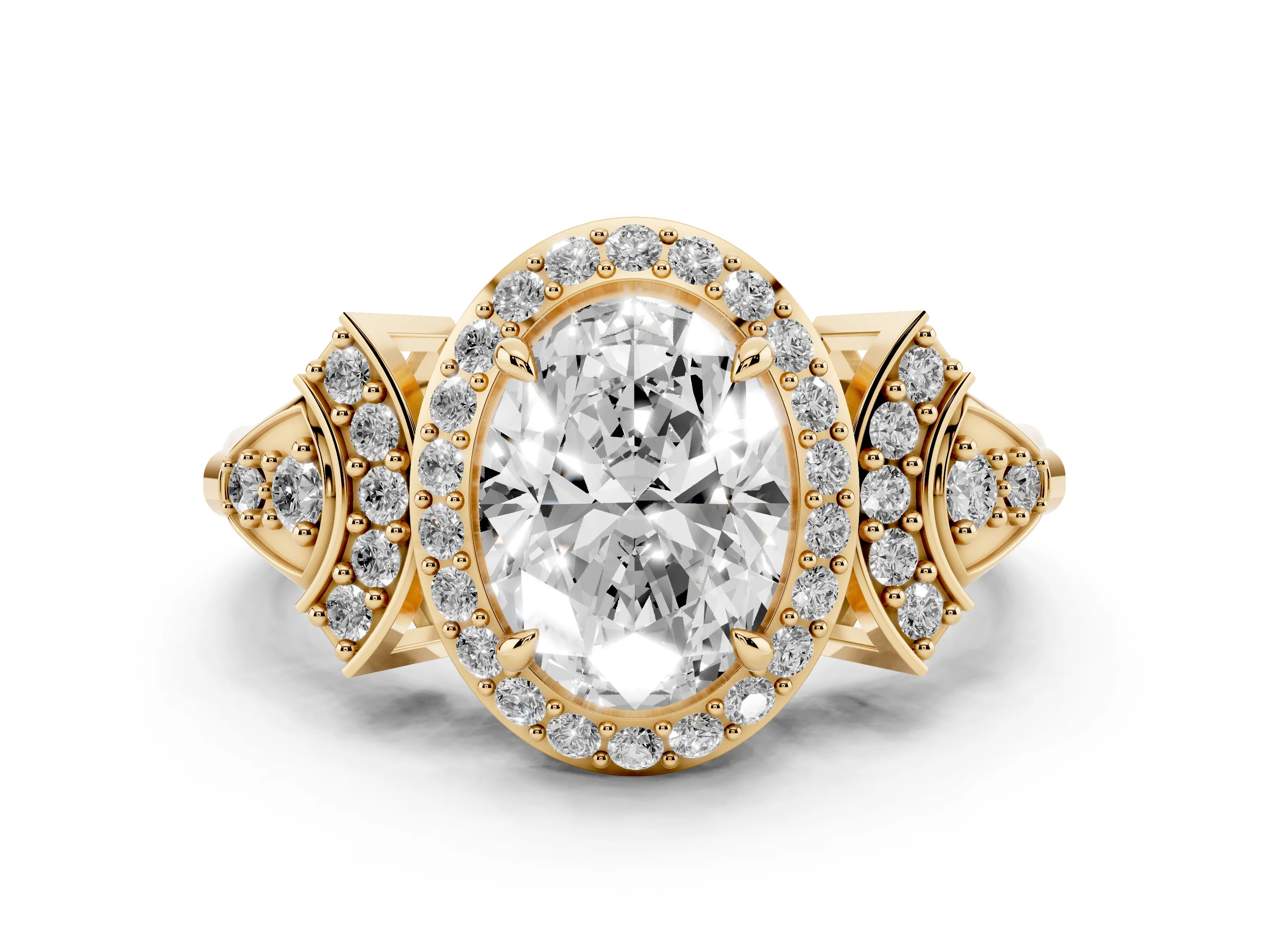 Oval Cut Diamond Halo Engagement Ring Set in Yellow gold with Accent Stone Split Shank