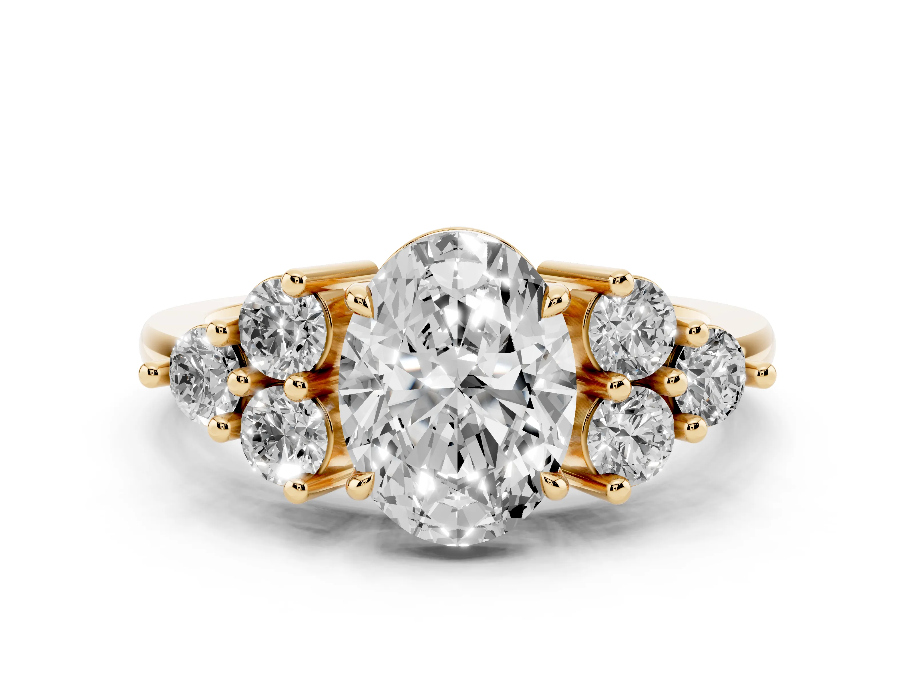 Oval Cut Diamond Solitaire Ring Set in Yellow gold with Cluster Accents on Each Side