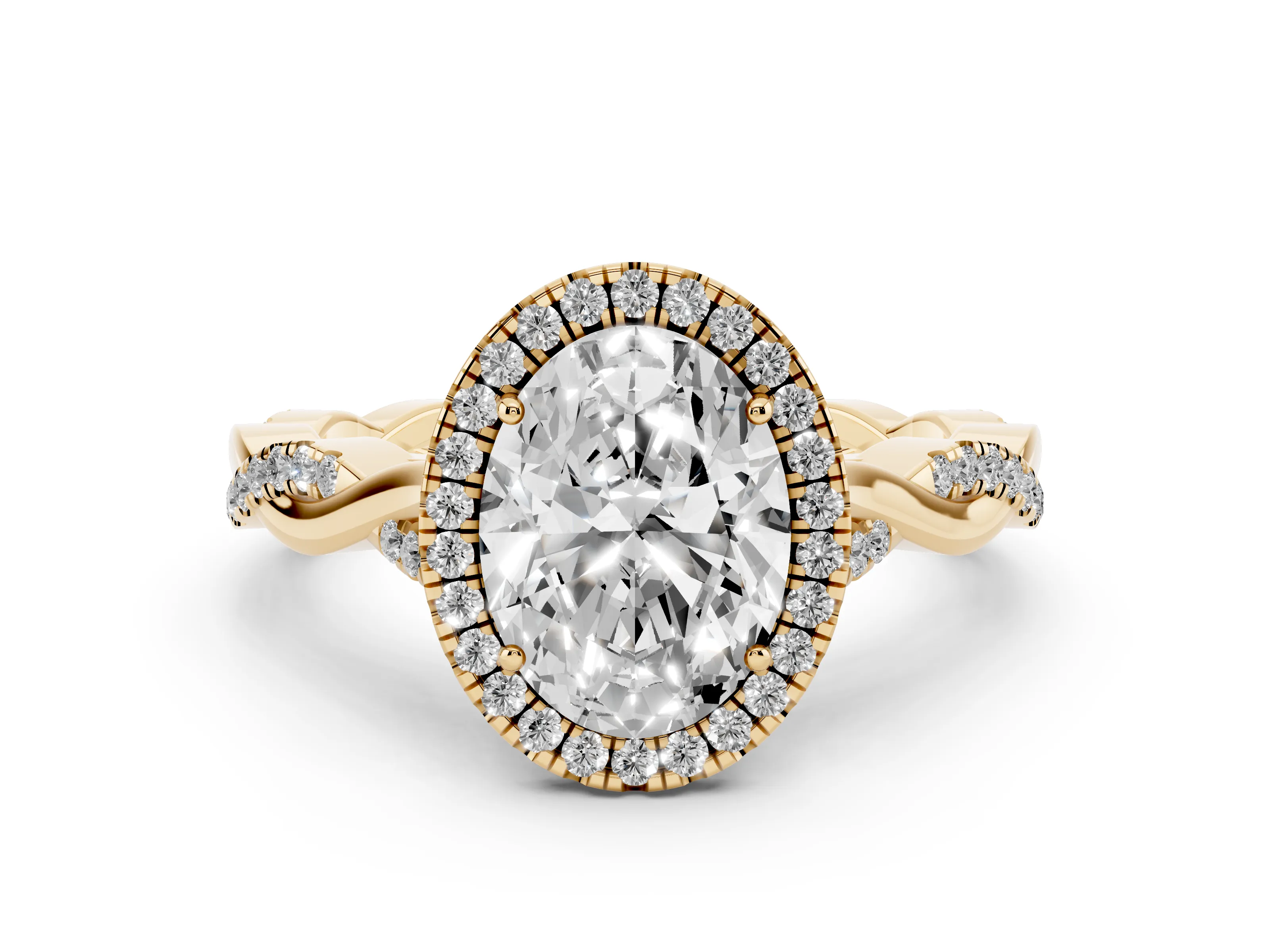 Oval Cut Diamond Halo Twist Band Solitaire Ring Set in Yellow gold with Prong Setting