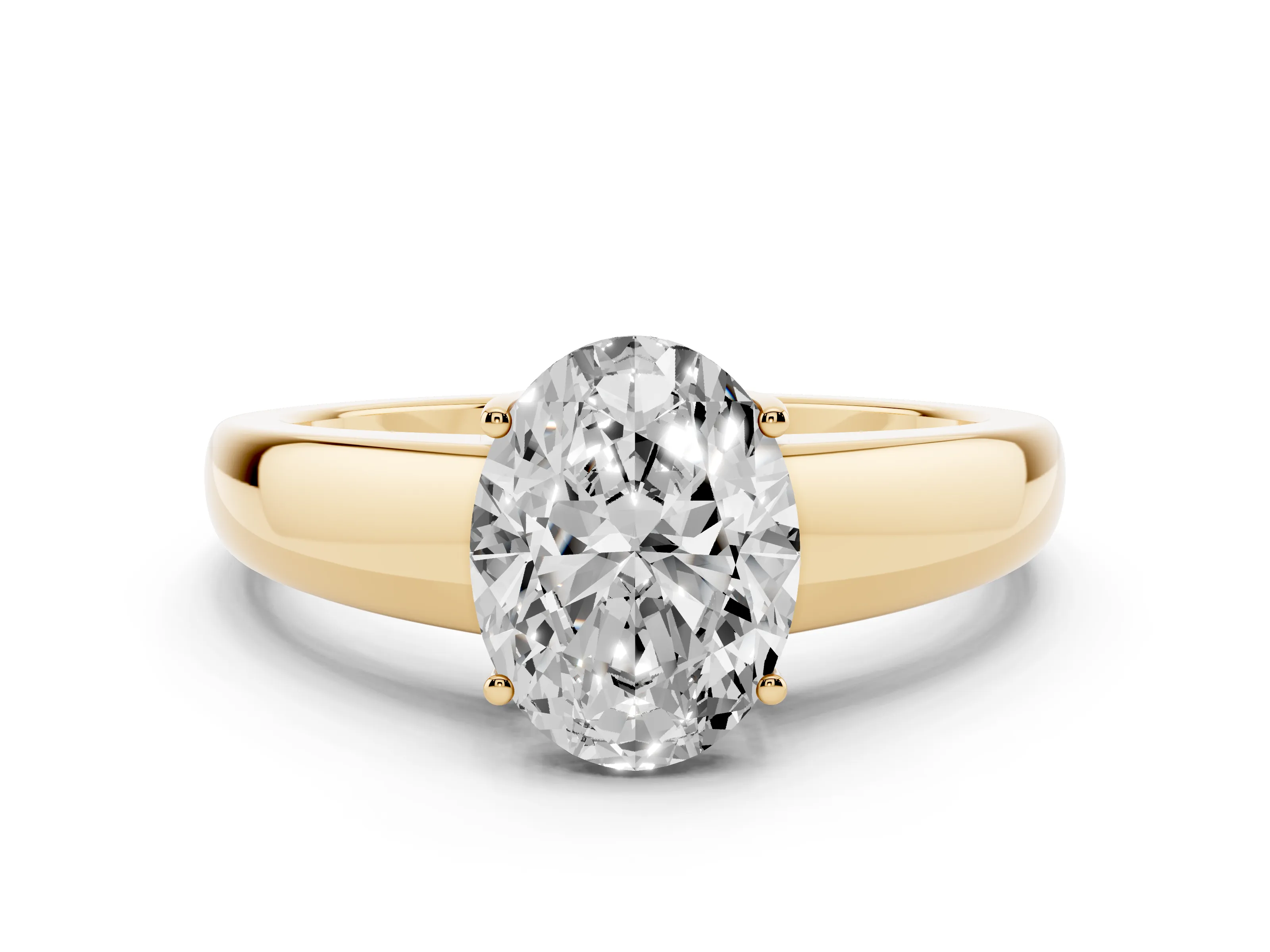 Oval Cut Diamond Solitaire Ring Set in Yellow gold with Tapered Band and Prong Setting