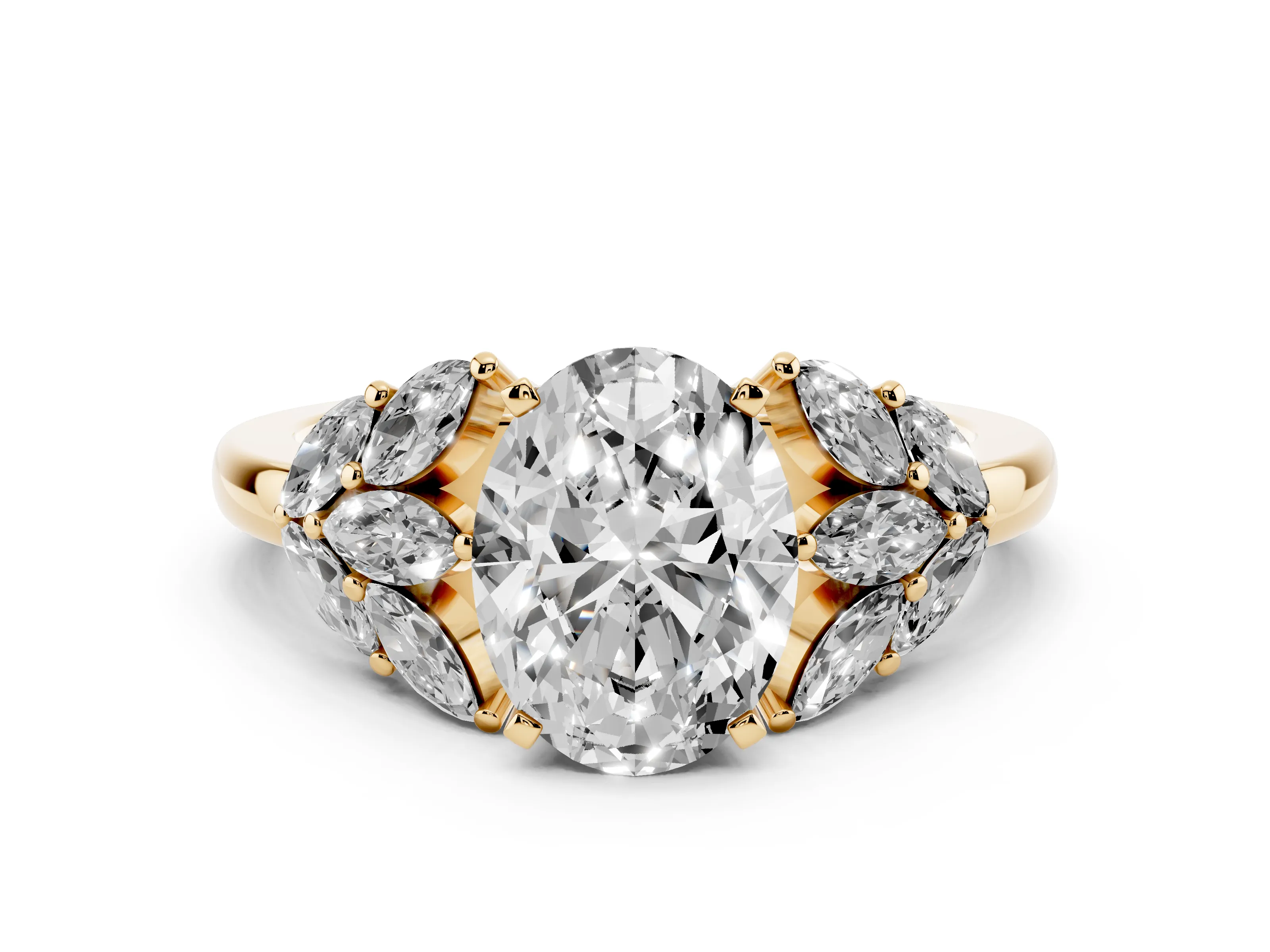Oval Cut Diamond Cluster Leaf Design Ring Set in Yellow gold with Prong Setting