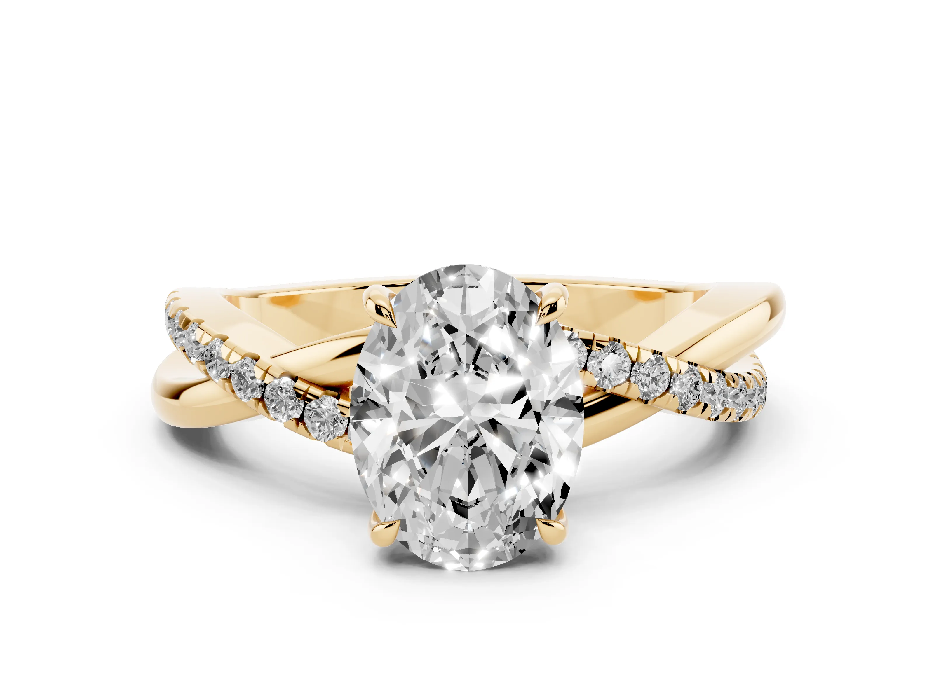 Oval Cut Diamond Twisted Pavé Band Ring Set in Yellow gold with Prong Setting
