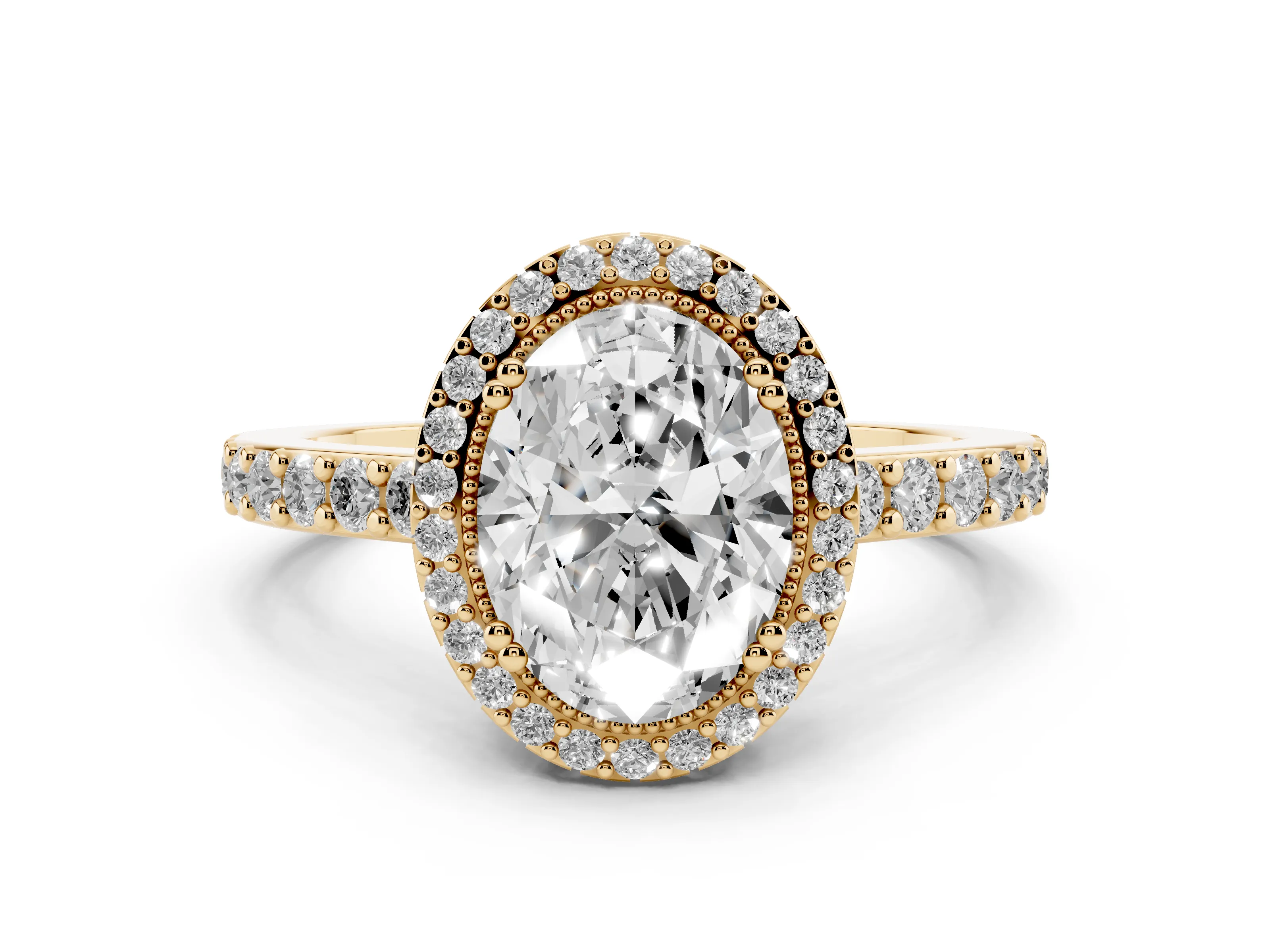 Oval Cut Diamond Halo Engagement Ring Set in Yellow gold with Milgrain Detail and Pavé Band