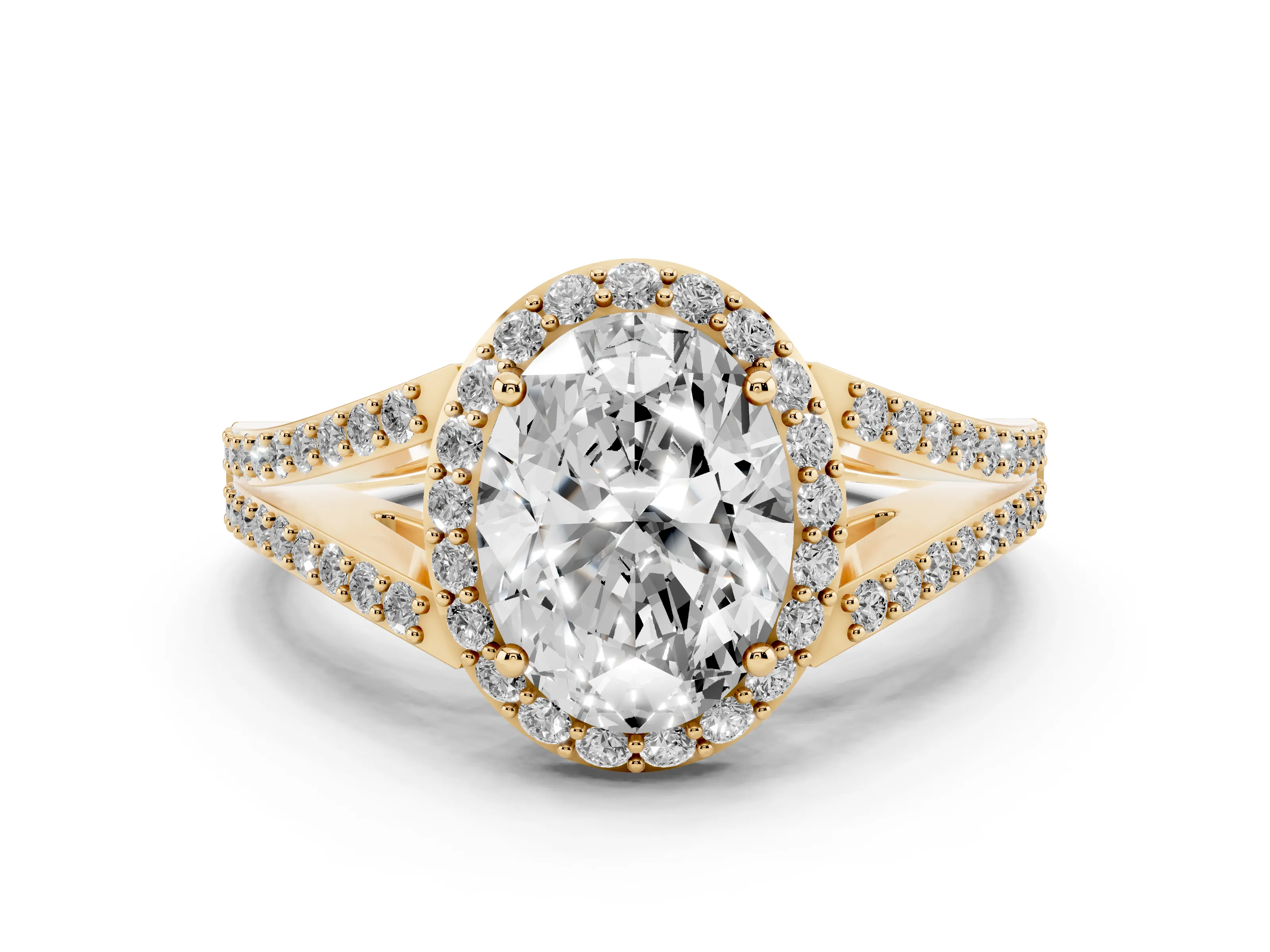 Oval Cut Diamond Halo Split Shank Ring Set in Yellow gold with Accent Stones and Prong Setting