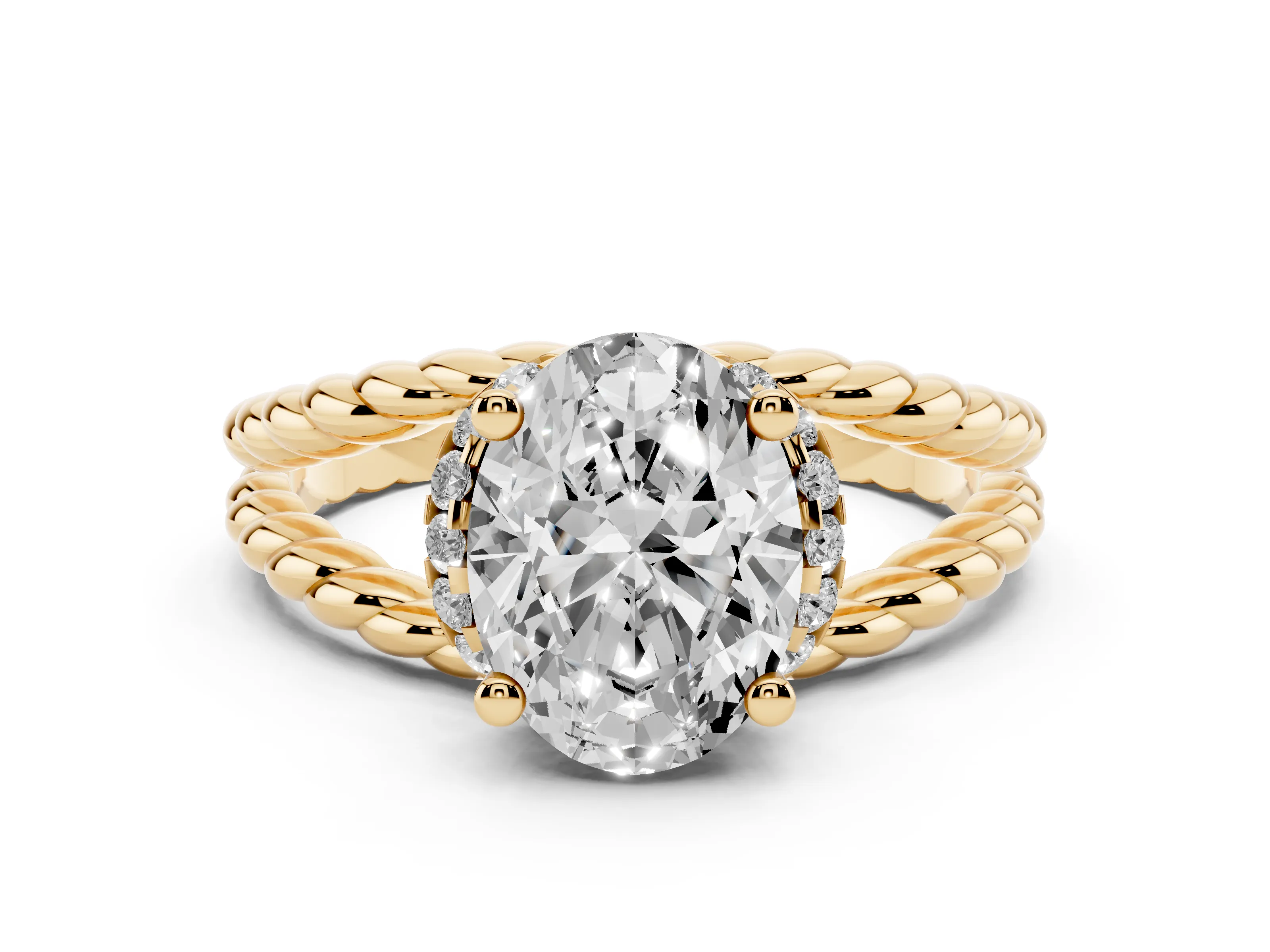 Oval Cut Diamond Halo Ring Set in Yellow gold with Twisted Band and Prong Setting