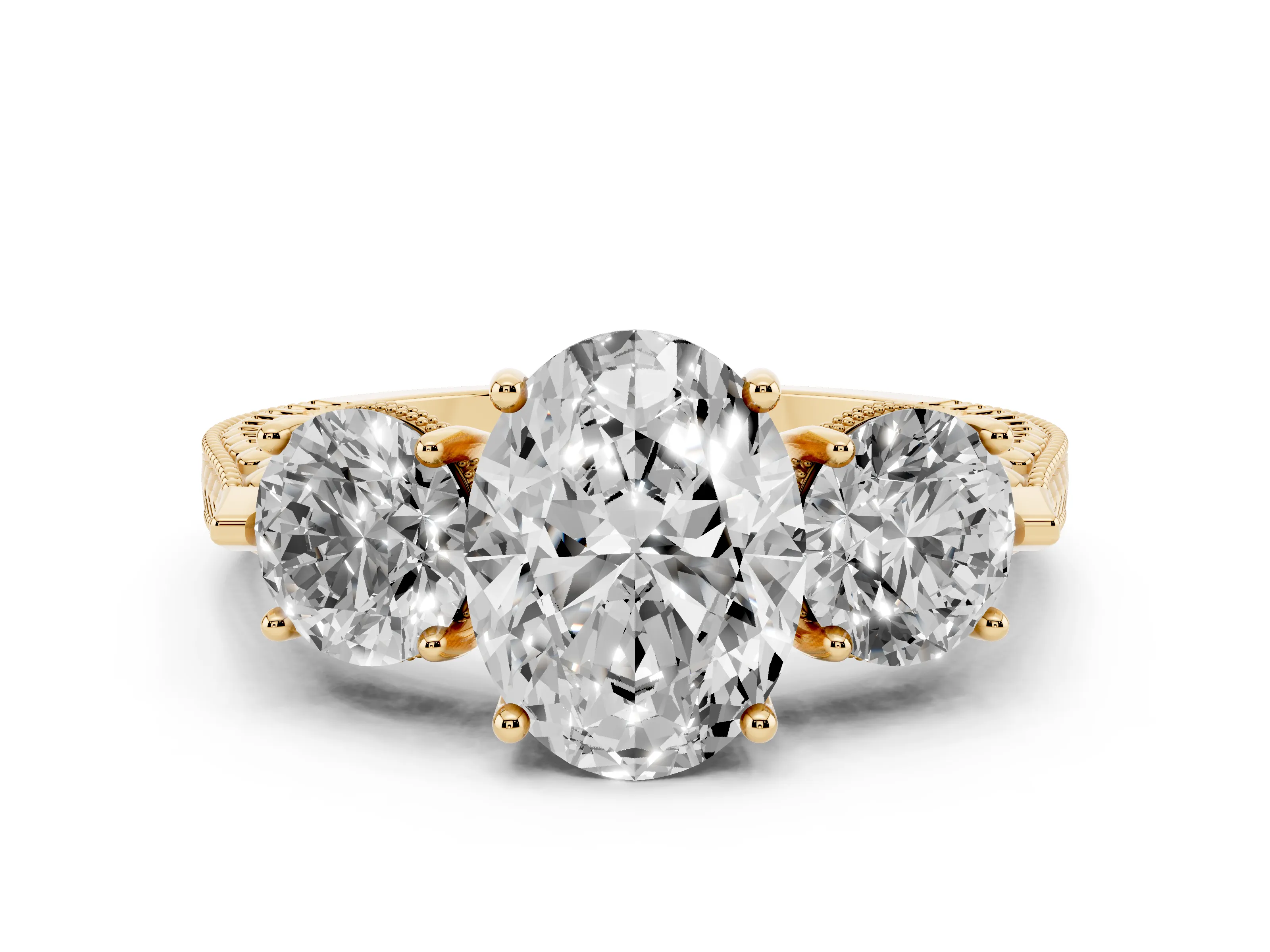 Oval Cut Diamond Three-Stone Ring Set in Yellow gold with Milgrain Band