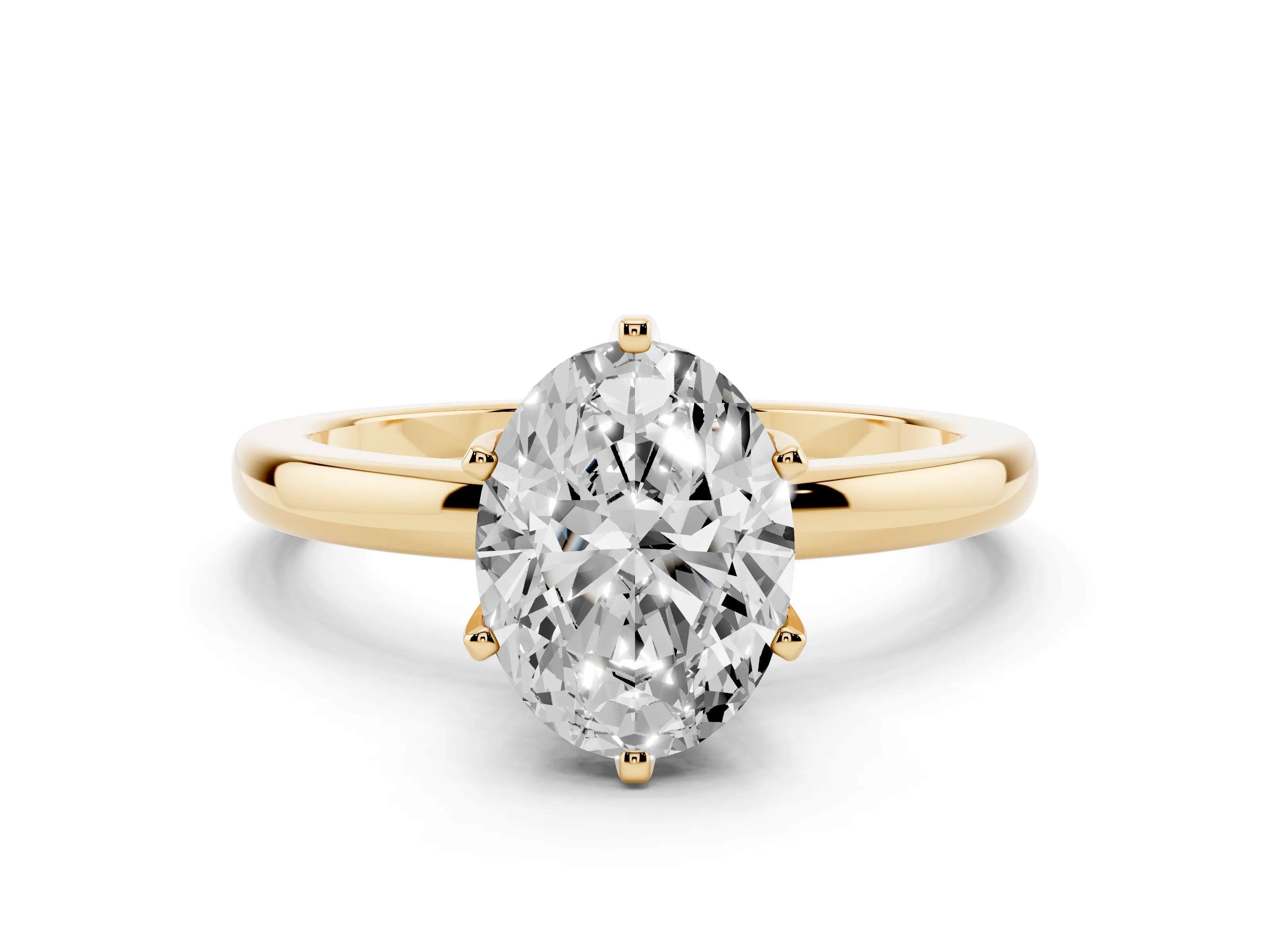 Oval Cut Diamond Solitaire Ring Set in Yellow gold with Raised Prong Setting on a Classic Band