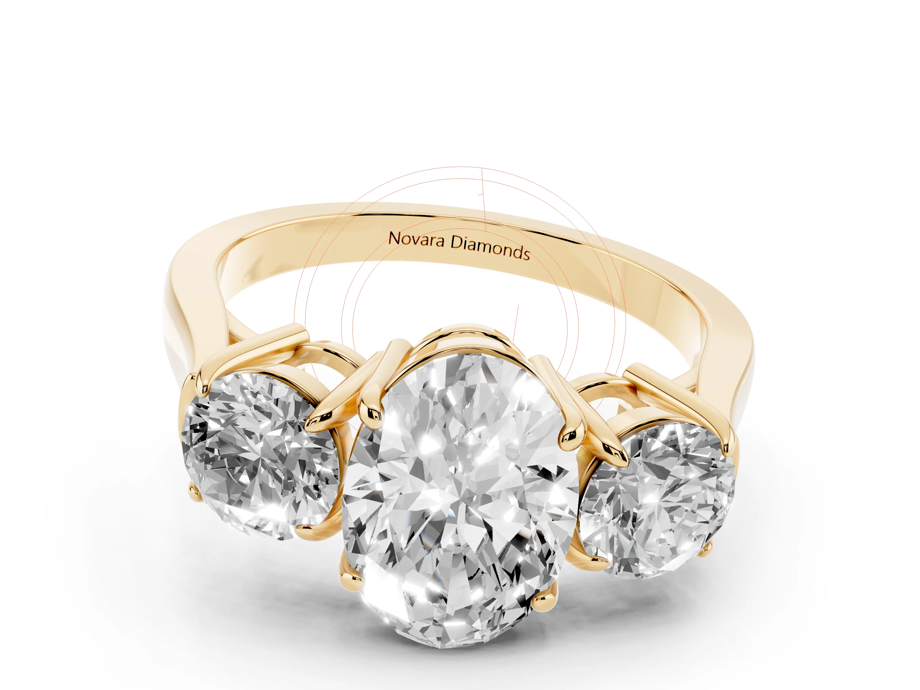 Oval Cut Diamond Three-Stone Ring Set in Yellow gold with Round Accent Stones and Plain Band