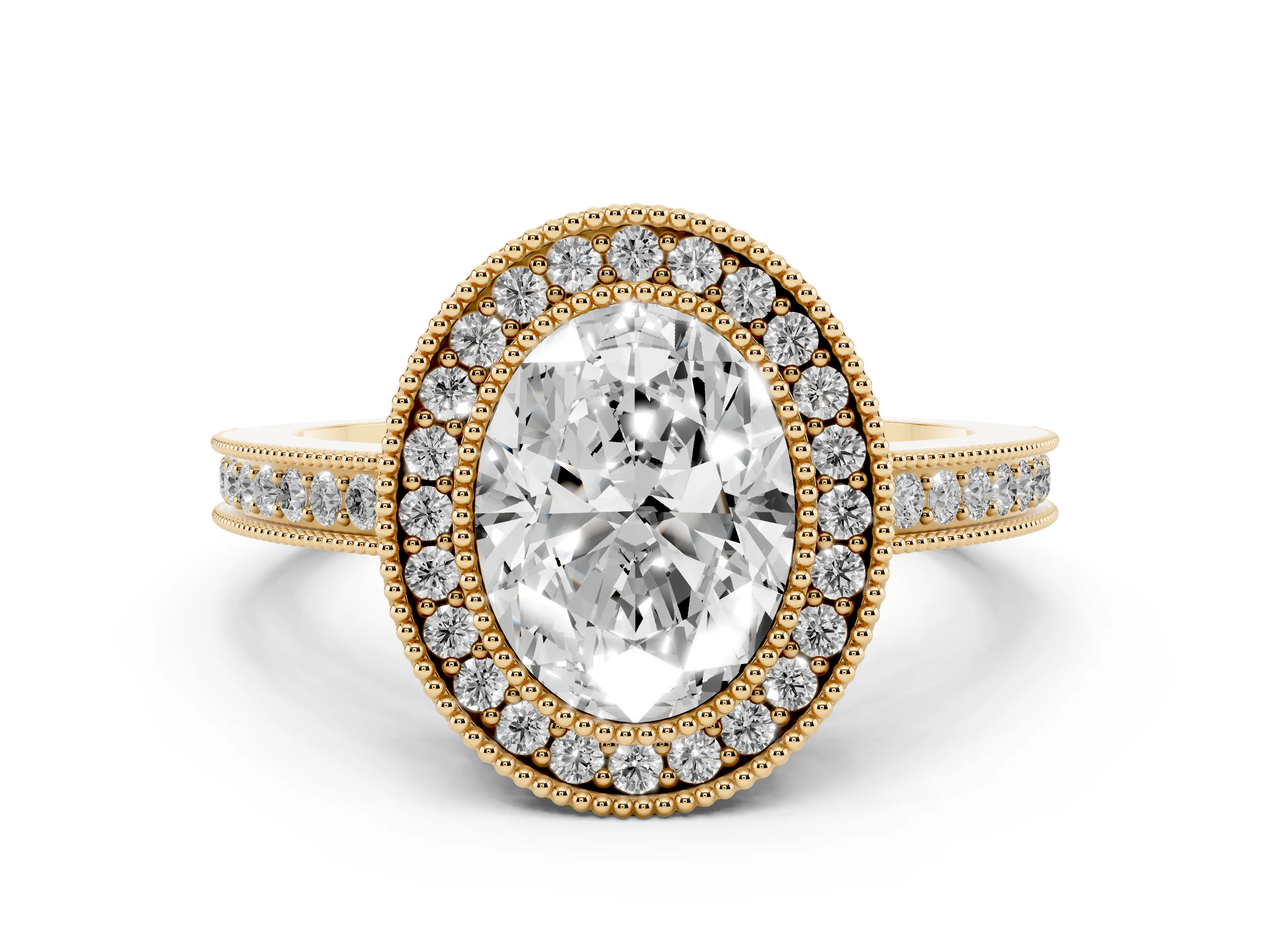 Oval Cut Diamond Halo Ring Set in Yellow gold with Pavé Band and Milgrain-Edged Prongs