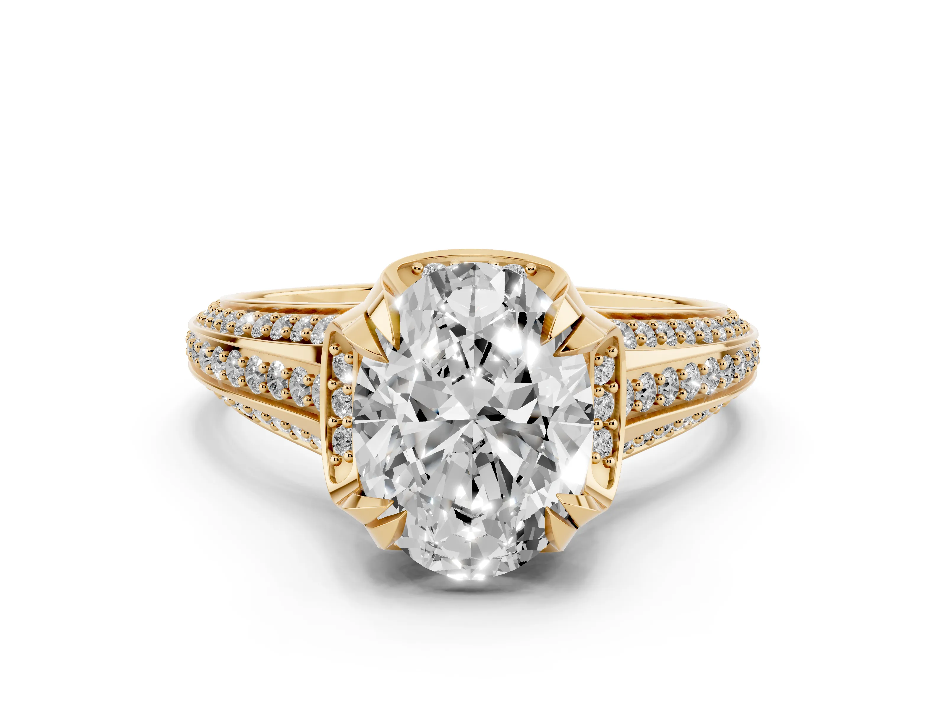 Oval Cut Diamond Pavé Split Shank Solitaire Ring Set in Yellow gold with Prong Setting