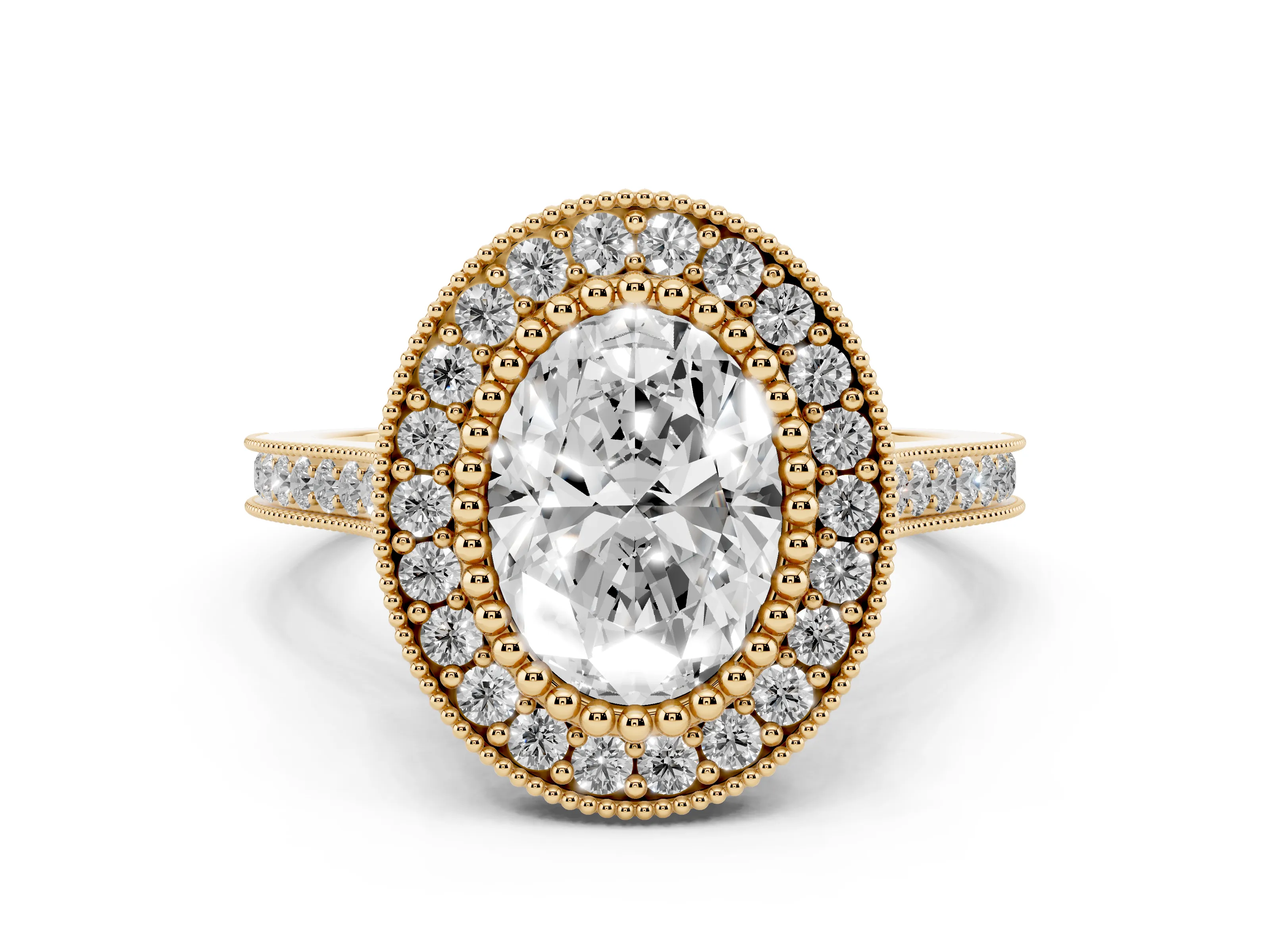 Oval Cut Diamond Halo Ring Set in Yellow gold with Milgrain Frame and Pavé Band