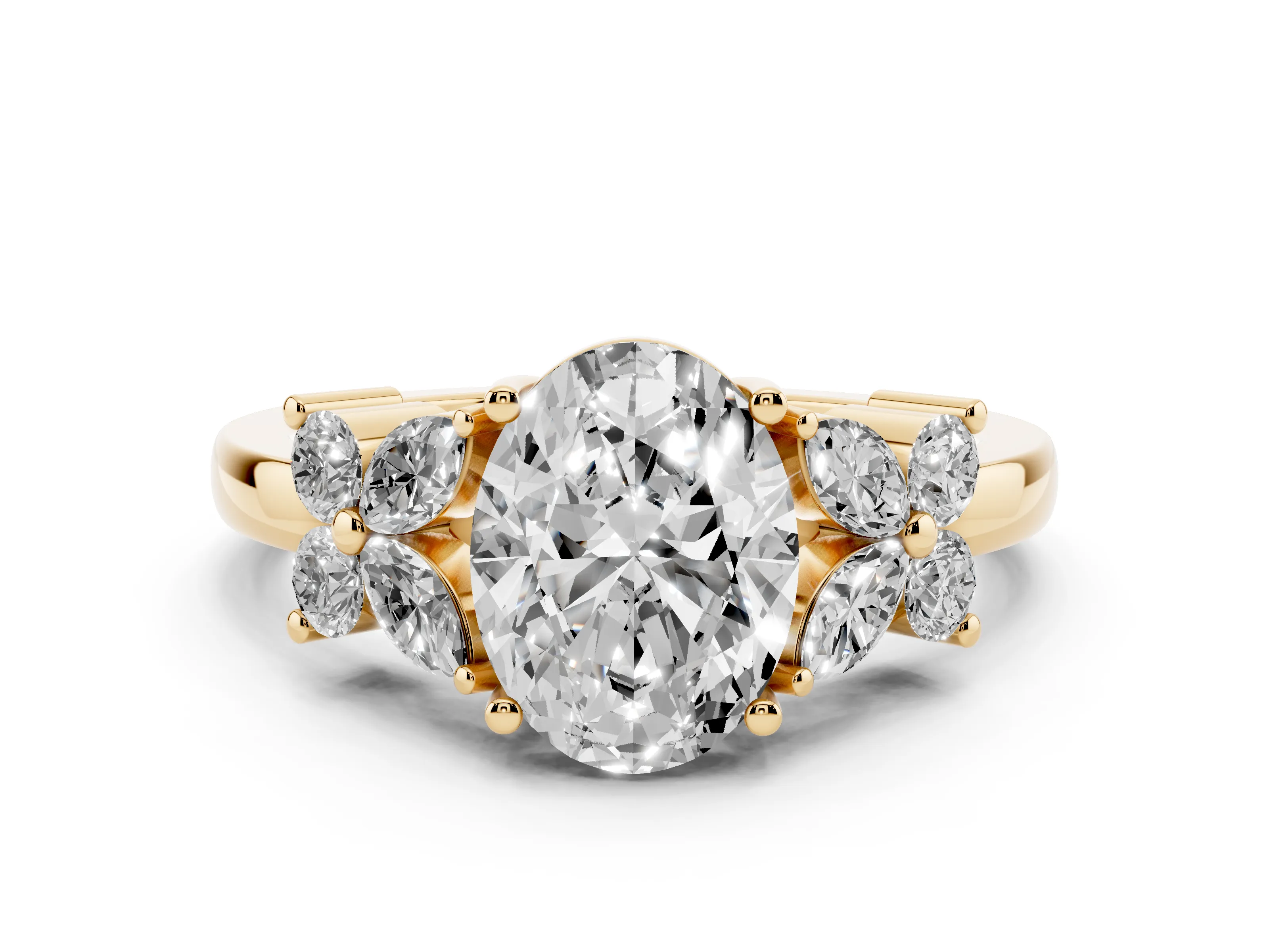 Oval Cut Diamond Floral Cluster Ring Set in Yellow gold with Marquise Petals and Prong Setting