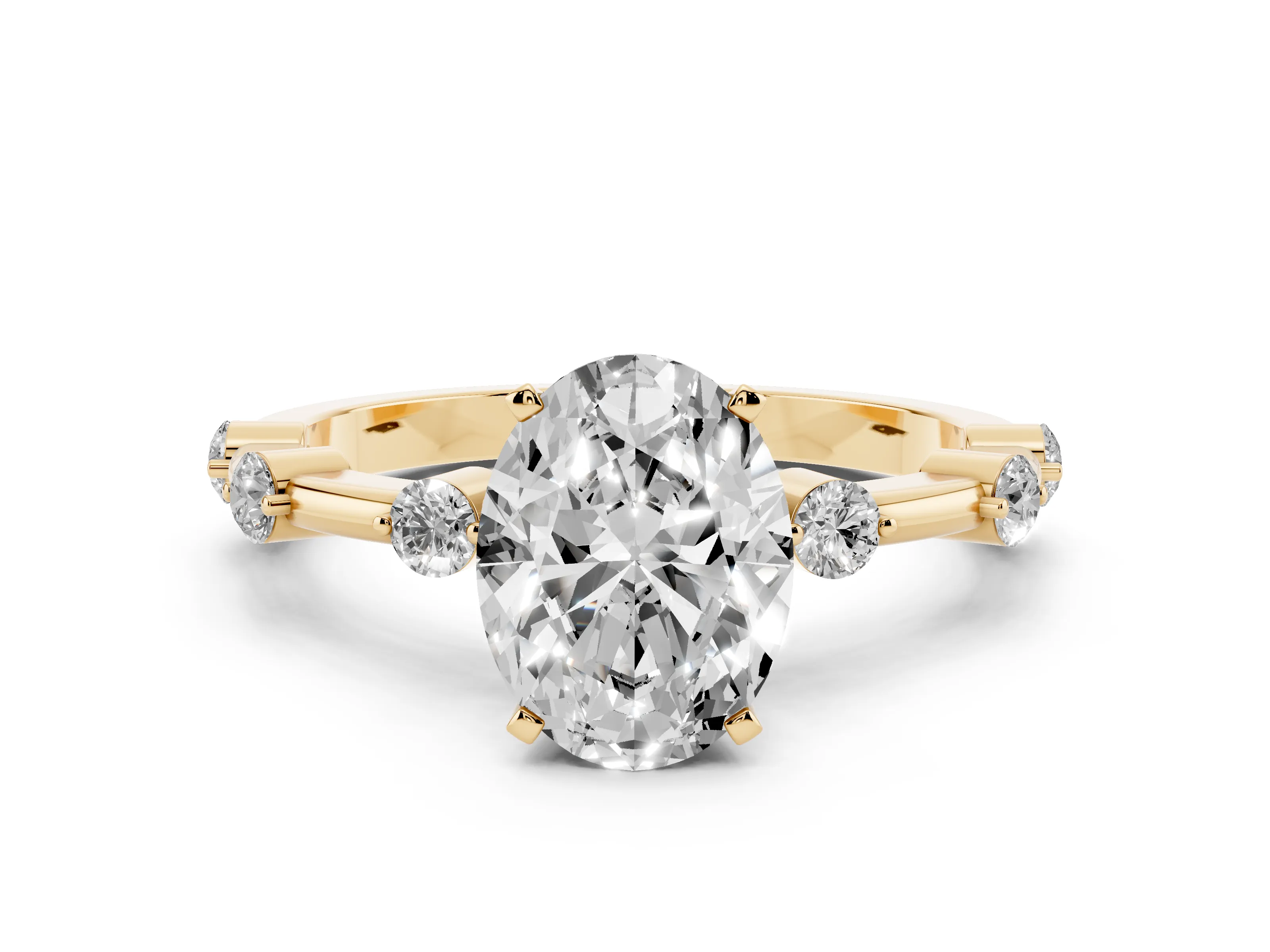 Oval Cut Diamond Solitaire Ring Set in Yellow gold with Bezel Set Side Stones and Prong Setting
