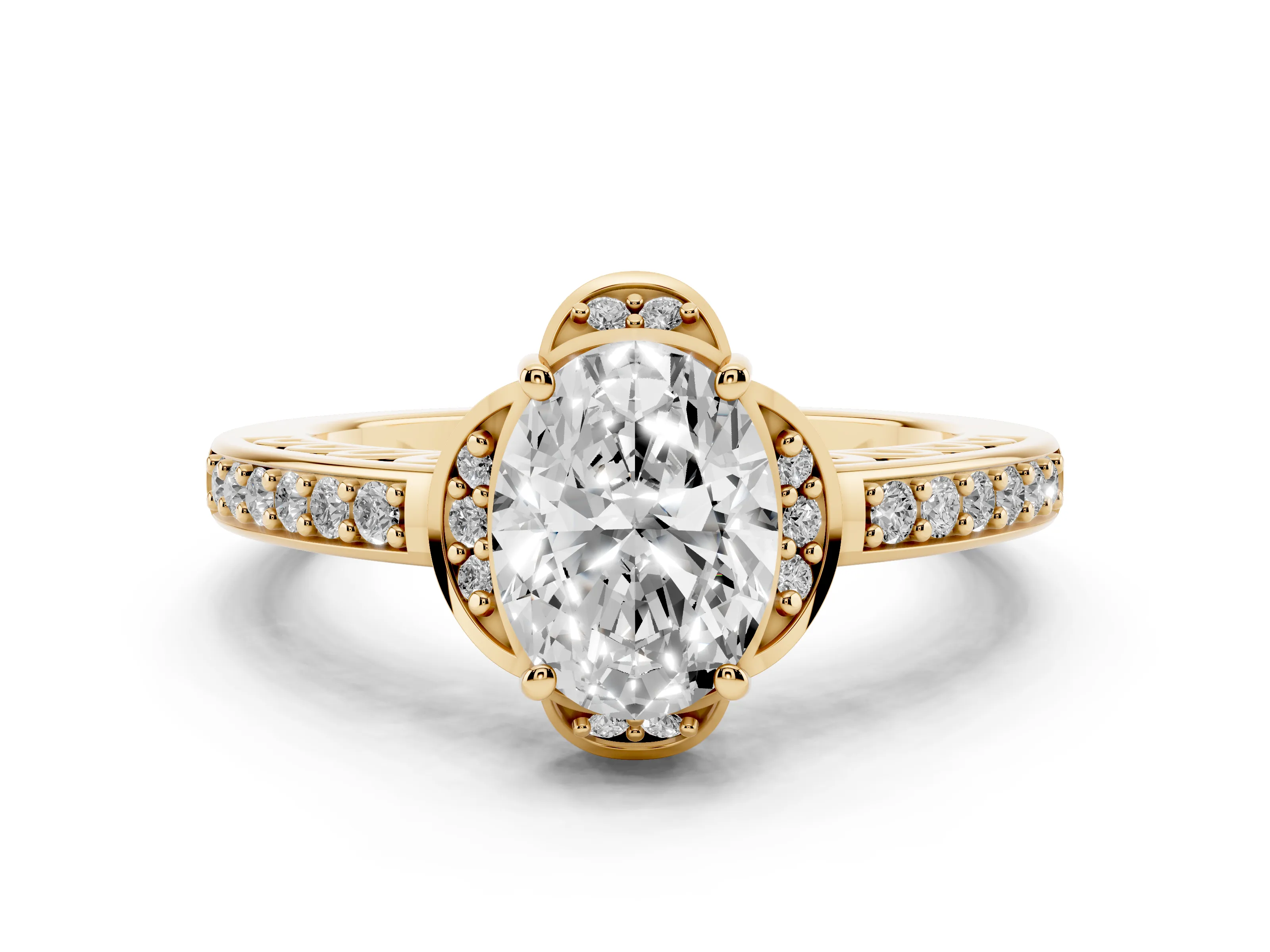 Oval Cut Diamond Halo Ring Set in Yellow gold with Channel Set Band and Prong Setting