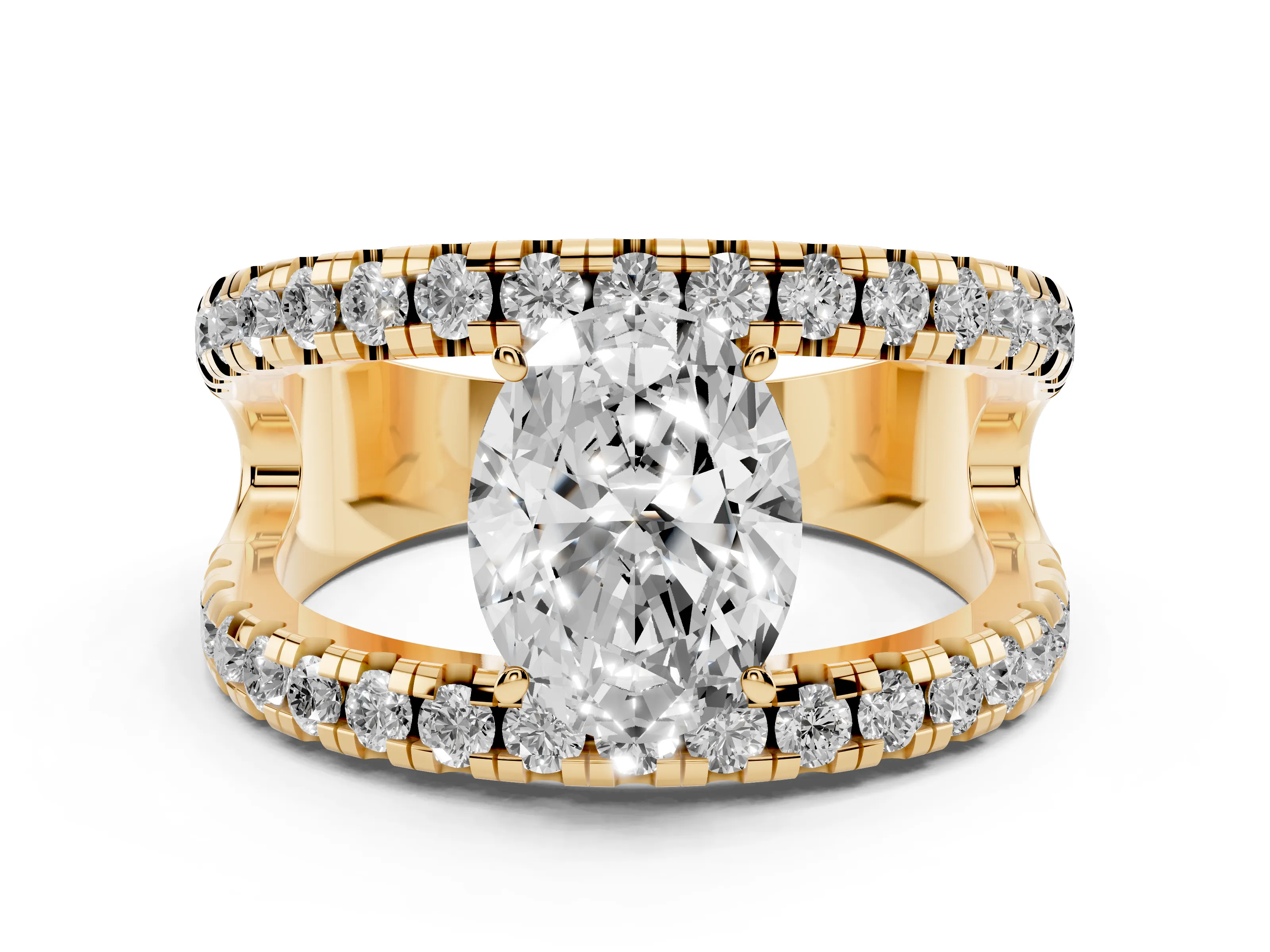 Oval Cut Diamond Split Shank Pavé Solitaire Ring Set in Yellow gold with Open Shank Design