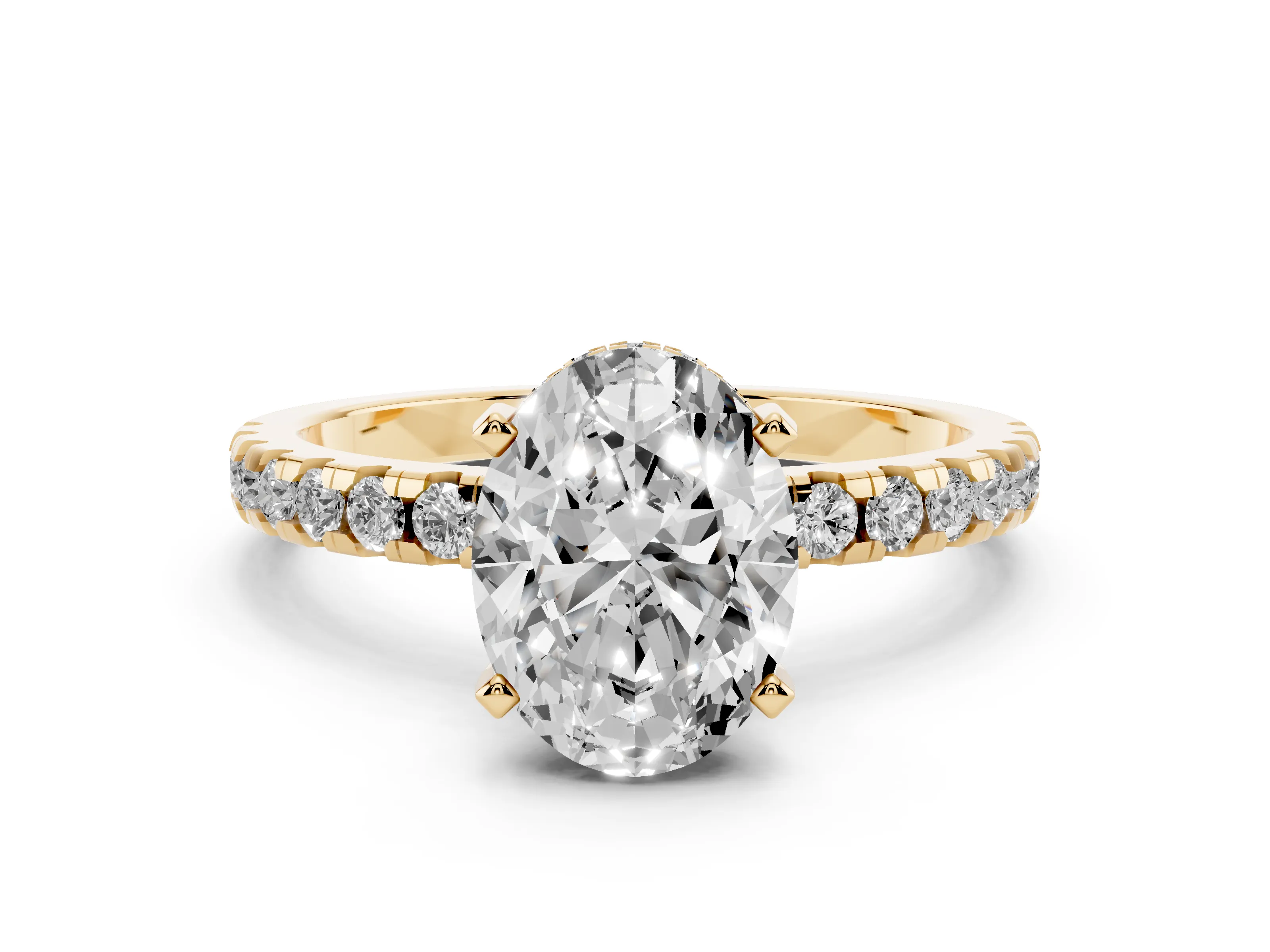 Oval Cut Diamond Pavé Solitaire Ring Set in Yellow gold with Round Band Accents and Prong Setting