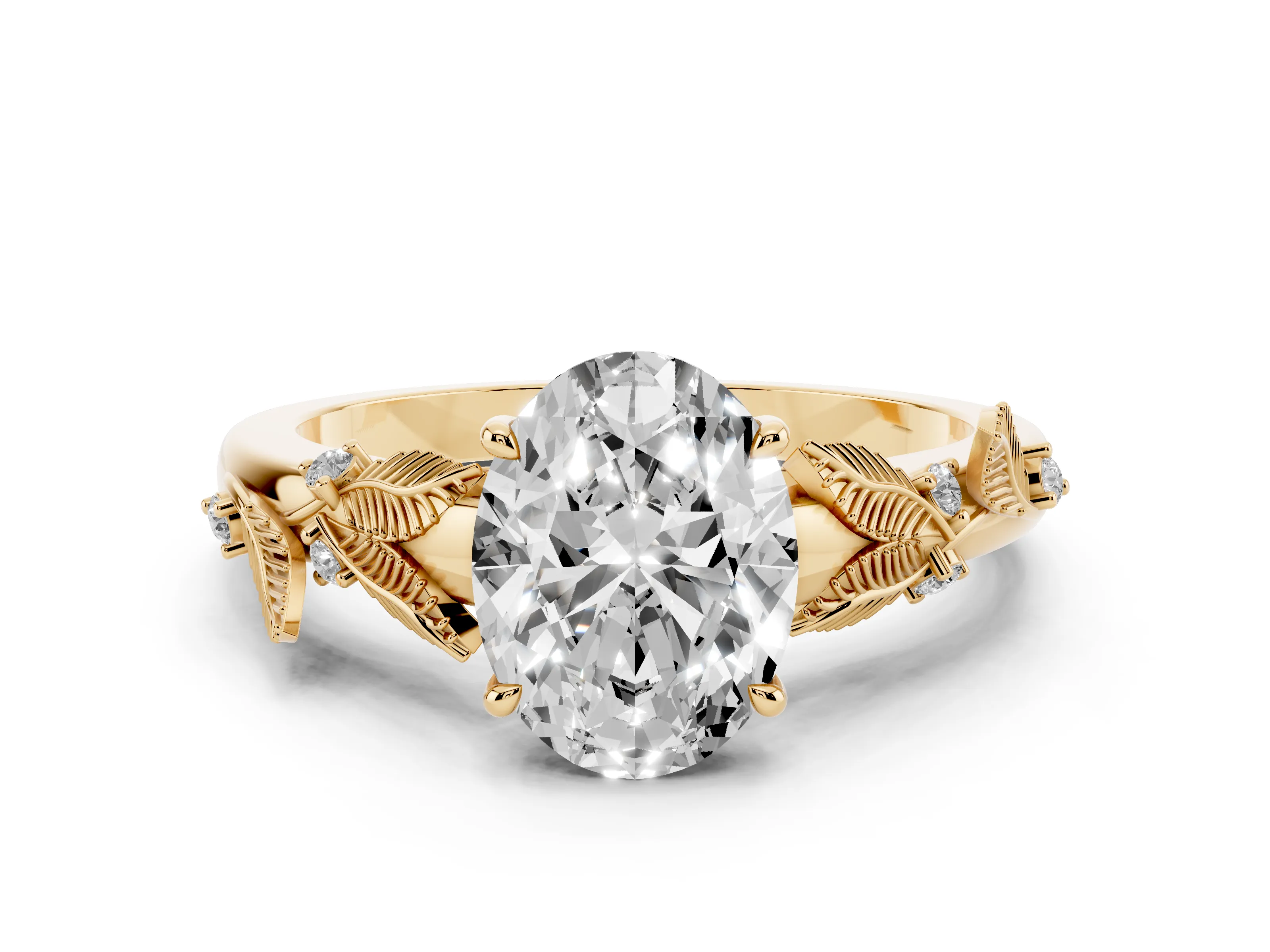 Oval Cut Diamond Solitaire Ring Set in Yellow gold with Leaf Motif Band