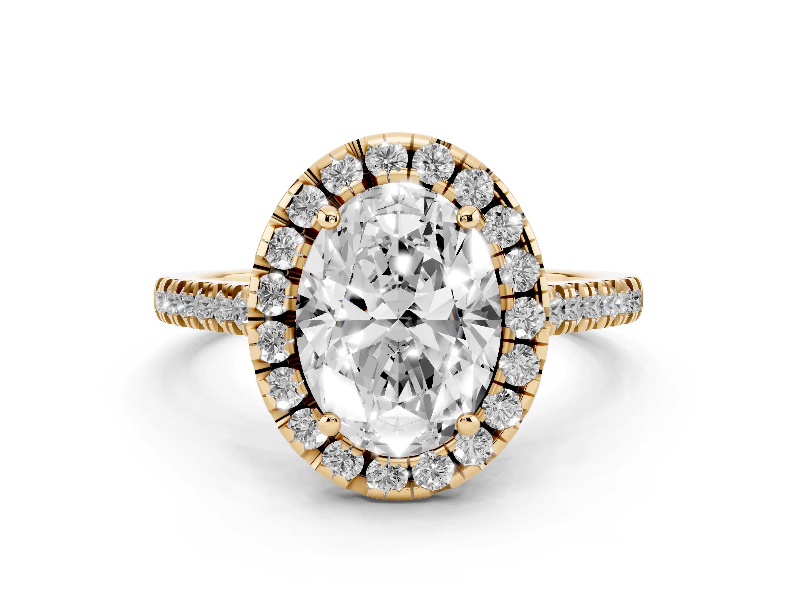 Oval Cut Diamond Cushion Halo Ring Set in Yellow gold with Pavé Band