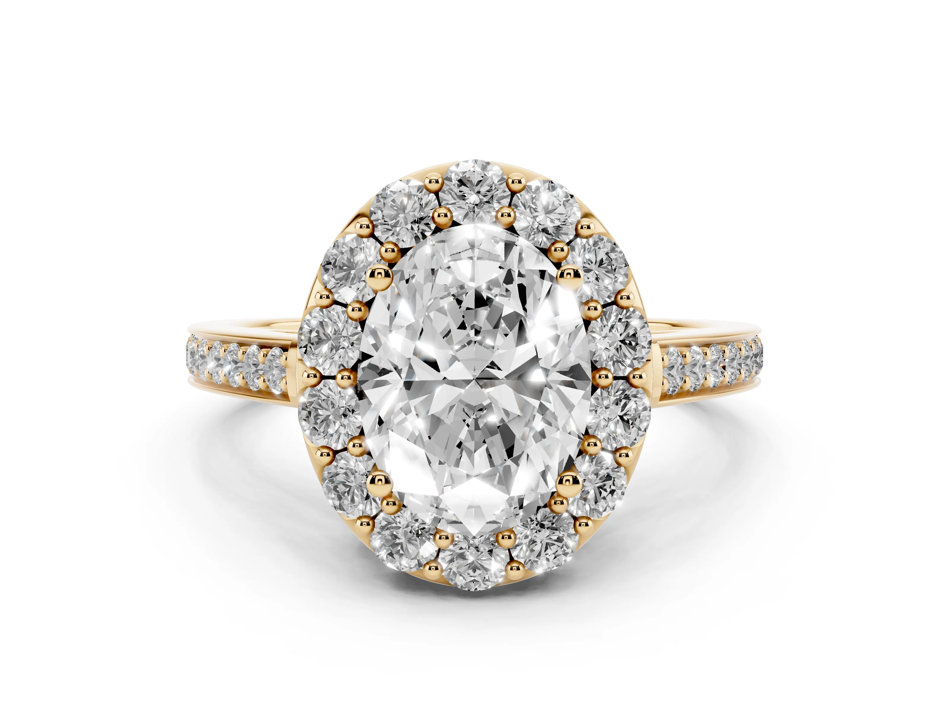 Oval Cut Diamond Floral Halo Ring Set in Yellow gold with Pavé Band and Prong Setting