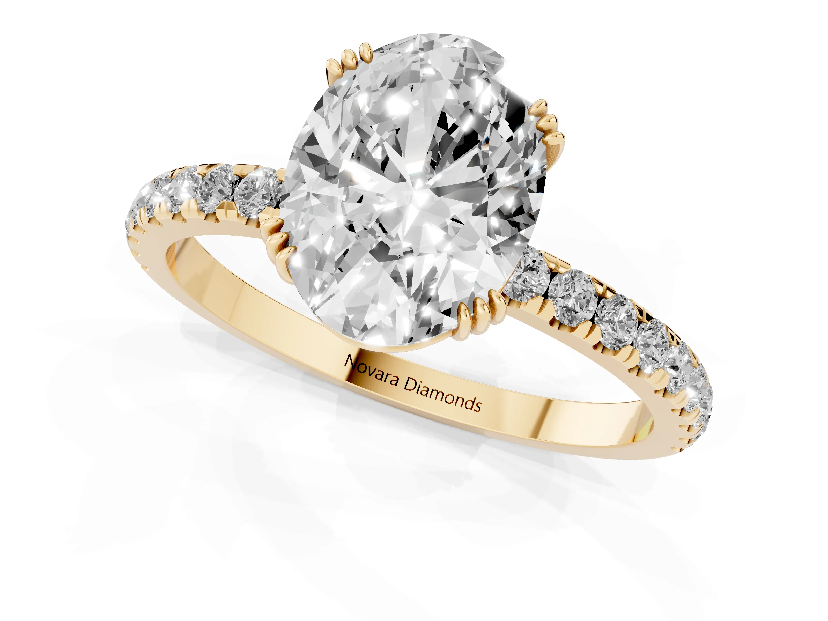 Oval Cut Diamond Brilliant Solitaire Set in Yellow gold with Pavé Band and Claw Prong Setting